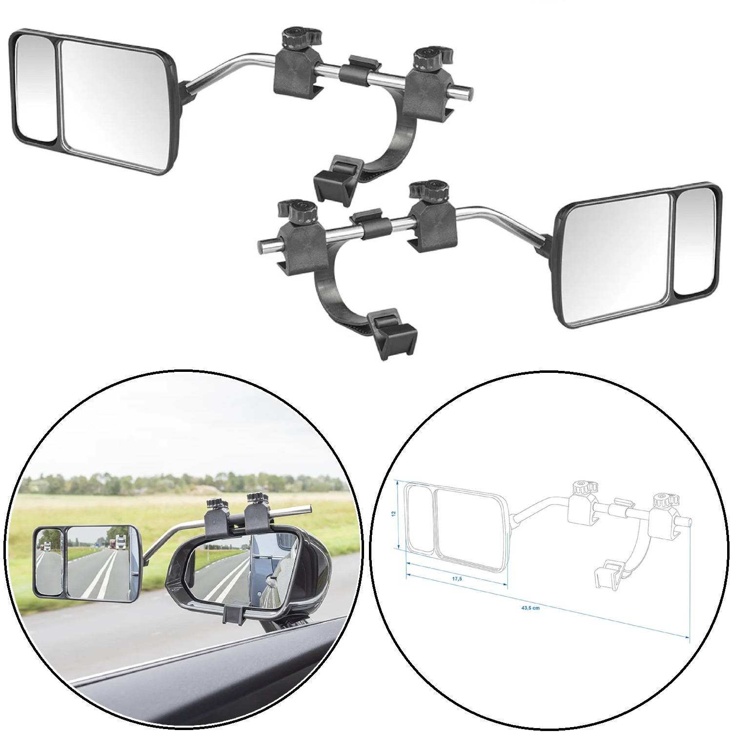 Abschleppspiegelverlängerungen mit verstellbaren Klammern für Seitenspiegel, dargestellt in Anwendung und detailliertem Dimensionsdiagramm. Verbessert die Rückwärtsvisibilität.