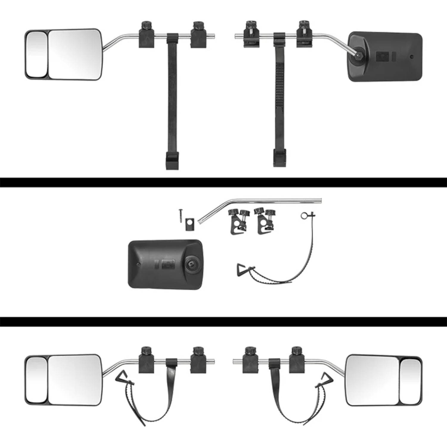 Anleitung zur Installation von Abschleppspiegel: Oben sind zwei Spiegel mit Halterungen zu sehen. In der Mitte sind die Montageteile dargestellt. Unten werden die angebrachten Spiegel gezeigt.
