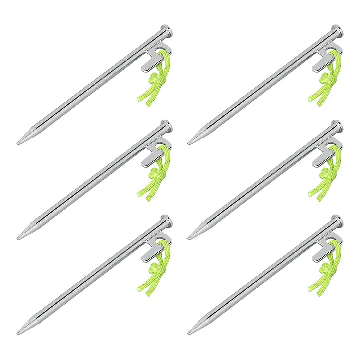 Sechs silberne Zeltheringe mit hellgrünen Schnüren befestigt, in zwei Reihen zu je drei angeordnet.