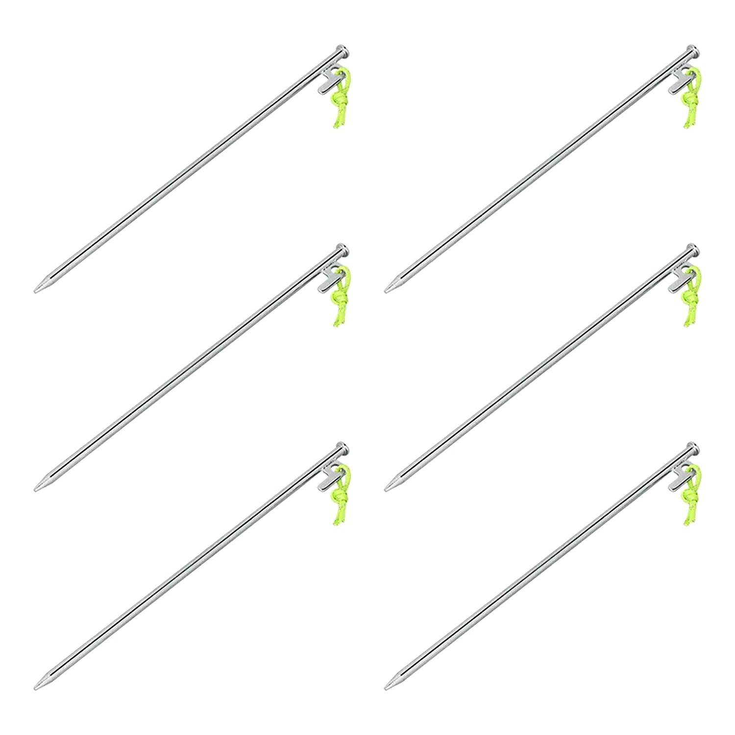 Sechs Metallheringe mit grünen Haken, in zwei Reihen angeordnet, diagonal nach oben gerichtet.