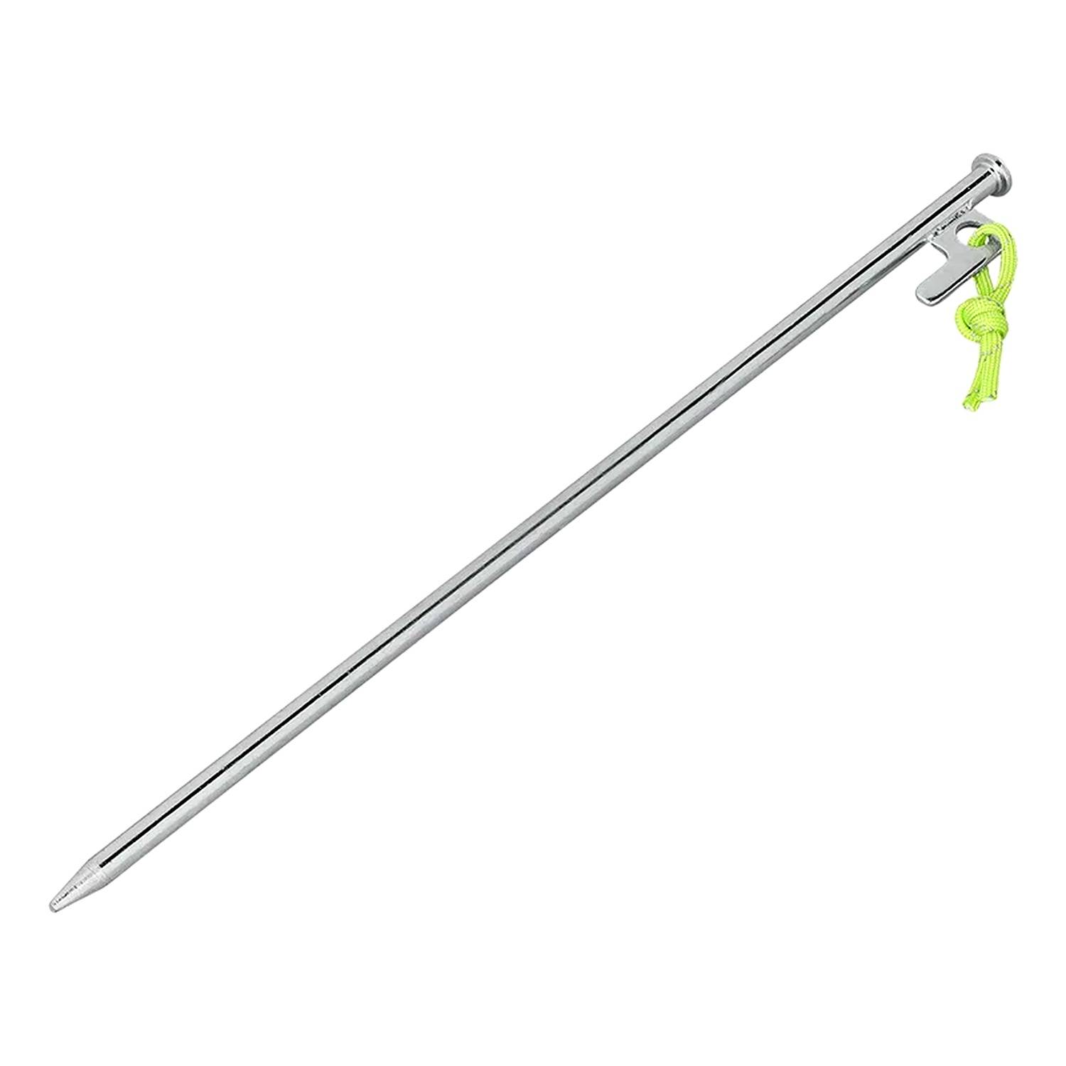 Ein langer Metallpfahl mit einem Haken und einer neongrünen Schnur am oberen Ende, der typischerweise zum Befestigen von Zelten oder Outdoorstrukturen verwendet wird.