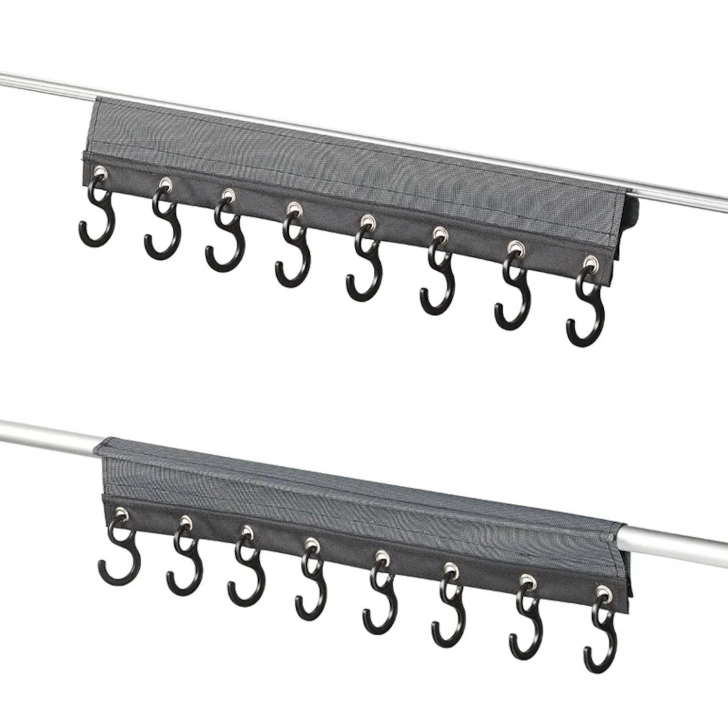 Zwei Fahrradabstellanlagen mit jeweils 9 schwarzen Haken, horizontal an einer Wand montiert. Geeignet zur Organisation von Fahrrädern in Garagen.