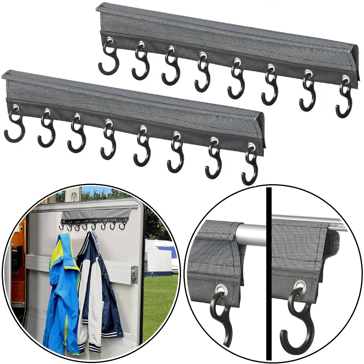 Zwei Stoff-Haken-Leisten mit je sieben Haken, geeignet zum Aufhängen von Kleidung in Schränken oder an Stangen. Kreisrundes Einschub zeigt Verwendungsbeispiel mit Jacken.