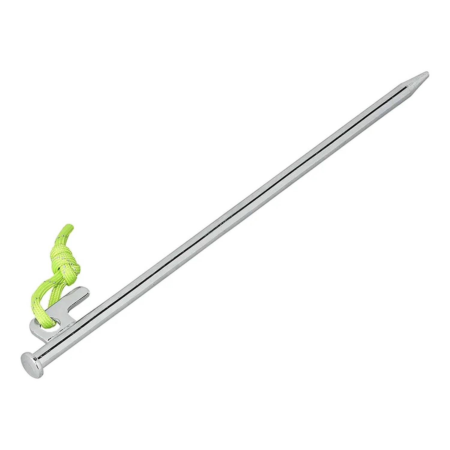 Ein Zeltheringe aus Metall mit einer spitzen Spitze und einem hellgrünen Seil, der zum Befestigen von Zelten am Boden verwendet wird.