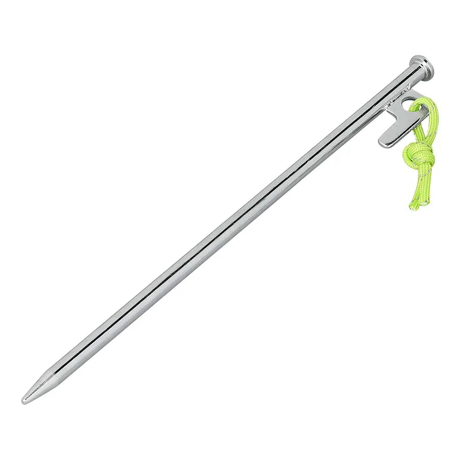 Ein dünner Metallheringe mit einem Haken und einer neongrünen Schnur, die um die Spitze geschlungen ist, um ihn leicht herausziehen zu können.