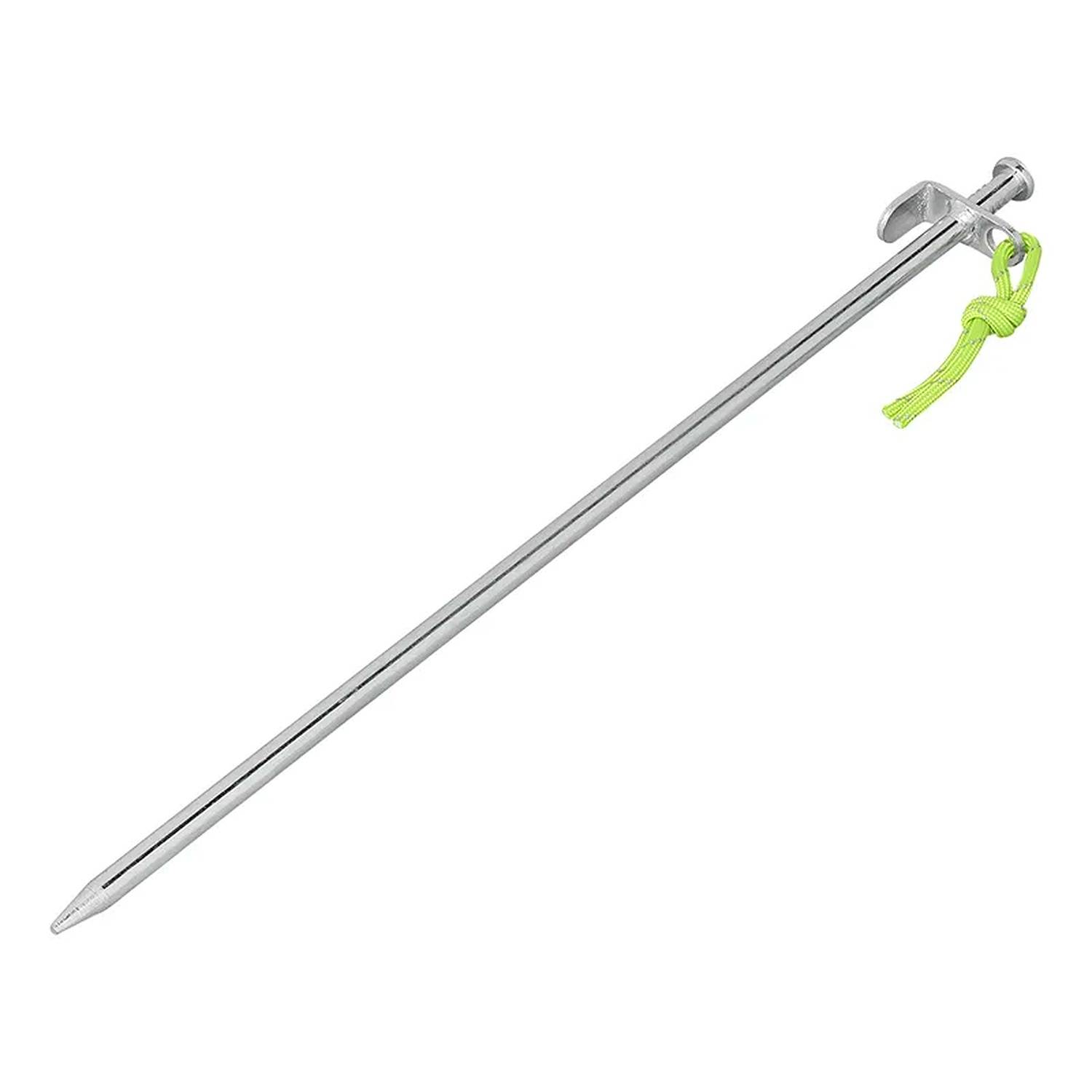 Ein Metallheringe mit einer spitzen Spitze und einem gehakten oberen Ende, an dem eine Neongrüne Schnur durch ein Loch nahe der Spitze geschlungen ist.