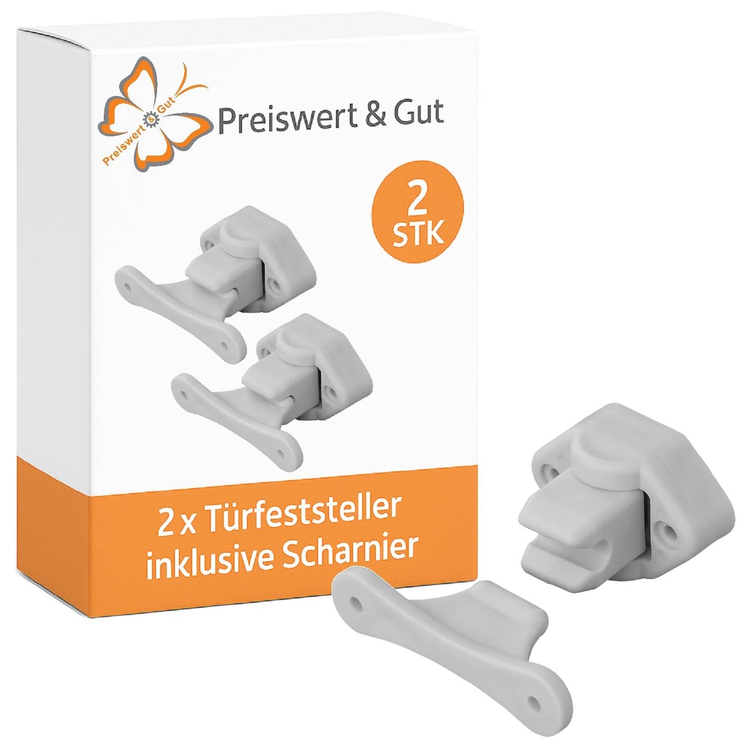 Verpackung mit zwei weißen Türstoppern mit beiliegenden Scharnieren. Marke 'Preiswert & Gut'. Schachtel wirbt mit '2 STK 2x Türfeststeller inklusive Scharnier'.