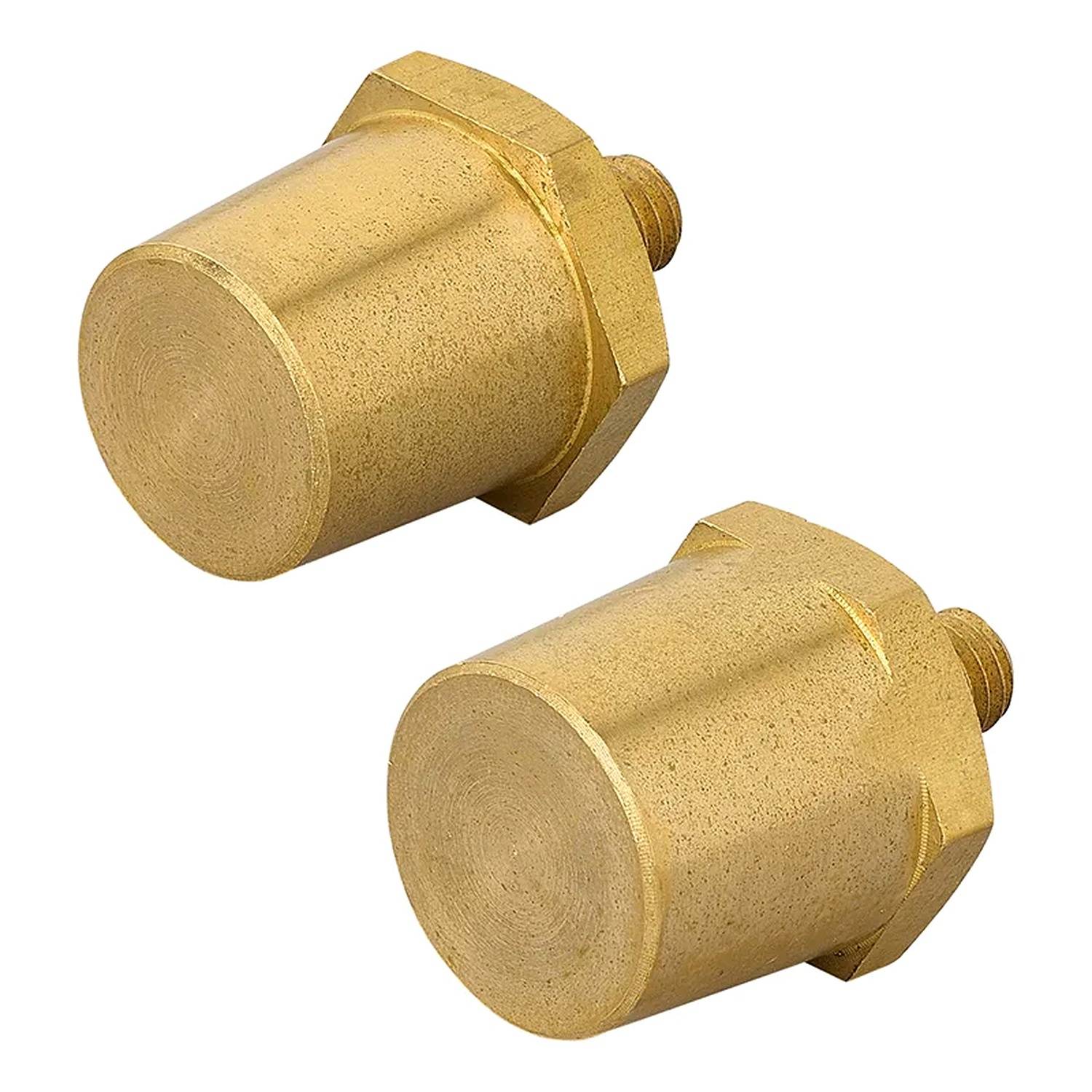 Zwei Messingschraubkappen mit sechseckiger Form, von verschiedenen Winkeln aus betrachtet, mit einem glatten zylindrischen Körper und gewindeten Enden für eine sichere Befestigung.