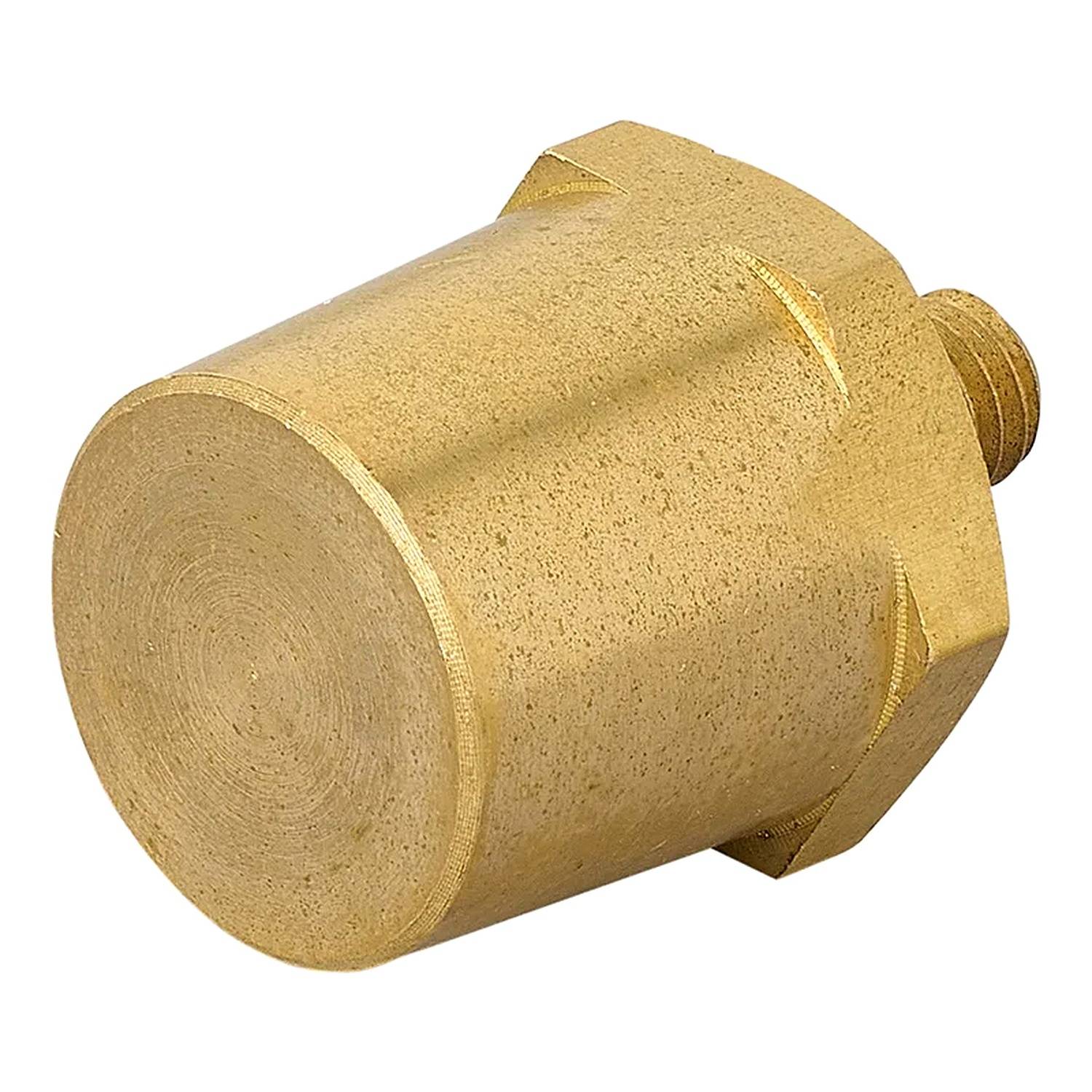 Eine zylindrische Messingarmatur mit sechseckiger Basis und Gewinde, verwendet für Sanitär- oder mechanische Anwendungen.