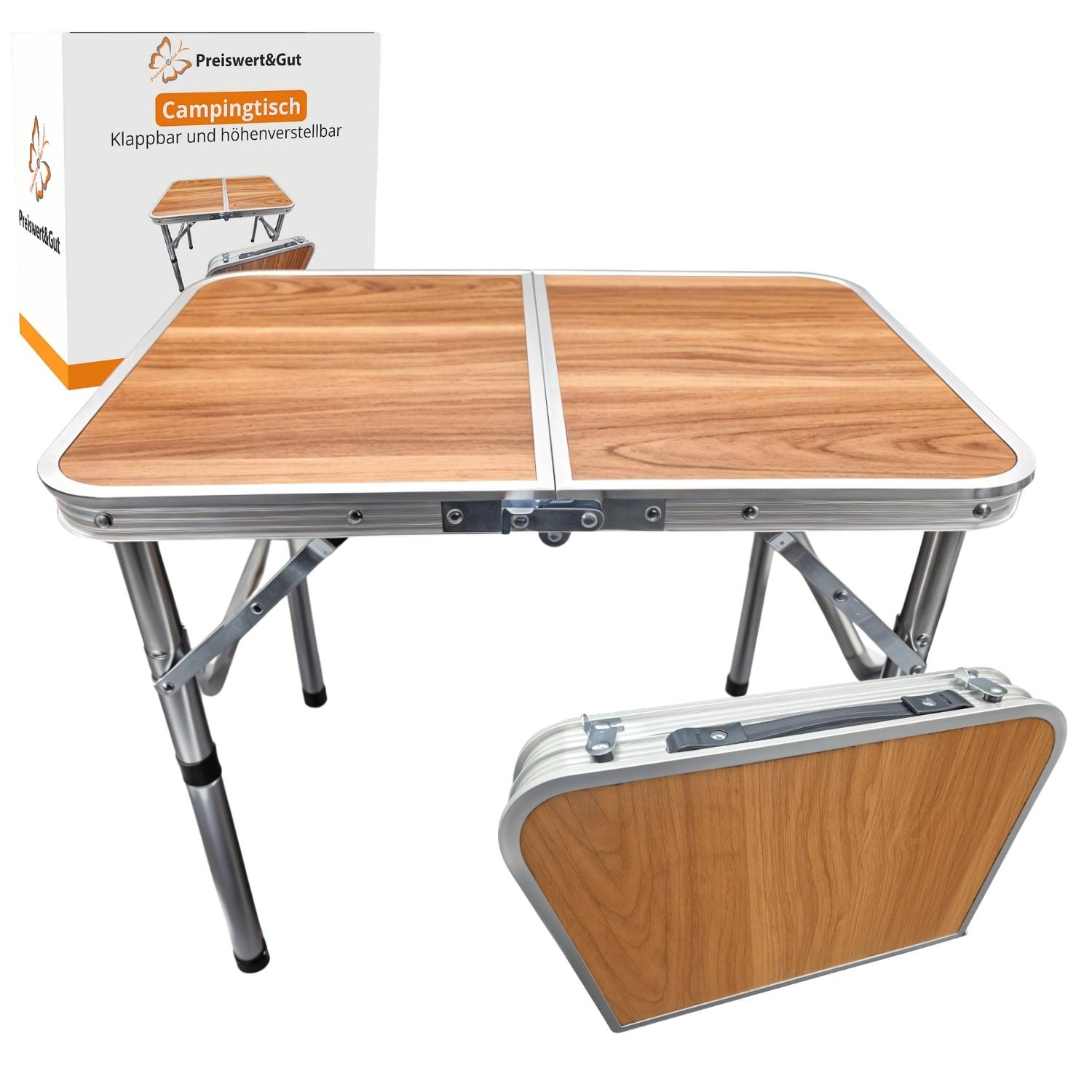 Zusammenklappbarer Campingtisch mit holzähnlicher Oberfläche, verstellbarer Höhe und Metallbeinen. Die Verpackungsbox im Hintergrund zeigt das verpackte Produkt.