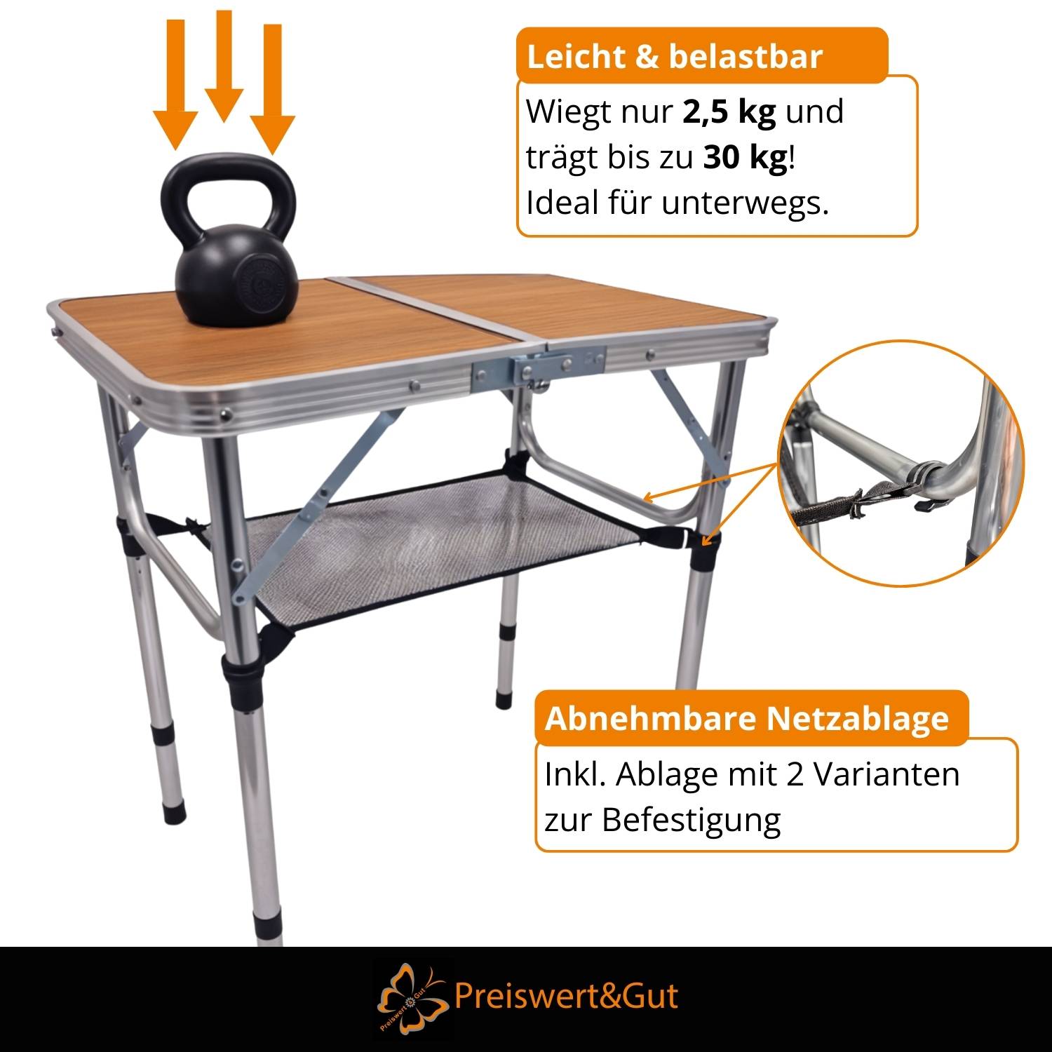 Leichter Klapptisch mit einem Kettlebell darauf. Text: 'Leicht & belastbar', unterstützt bis zu 30 kg.