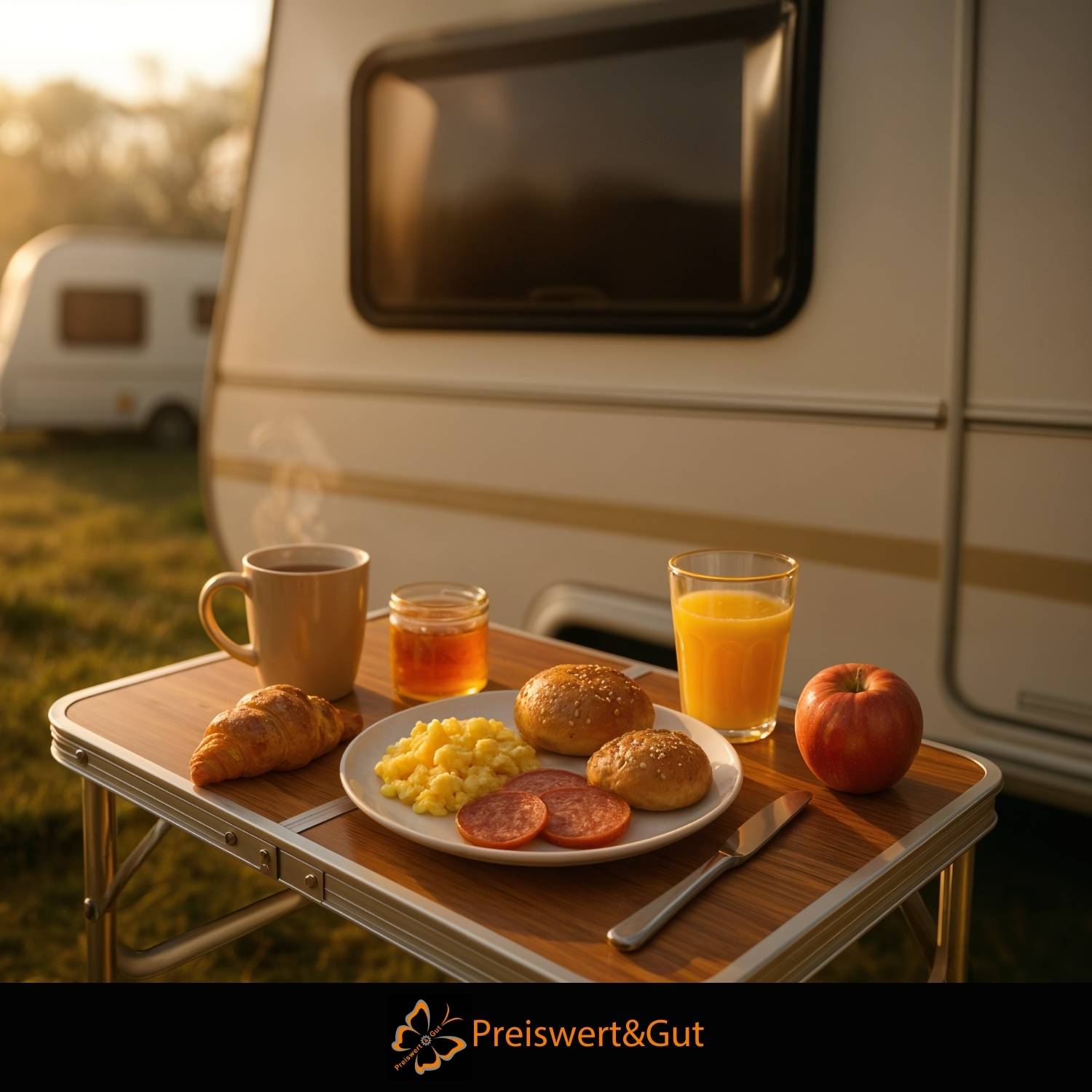Frühstücksaufbau vor einem Wohnwagen umfasst einen Teller mit Croissants, Eiern, Würstchen, Saft und einer dampfenden Tasse auf einem transportablen Tisch.