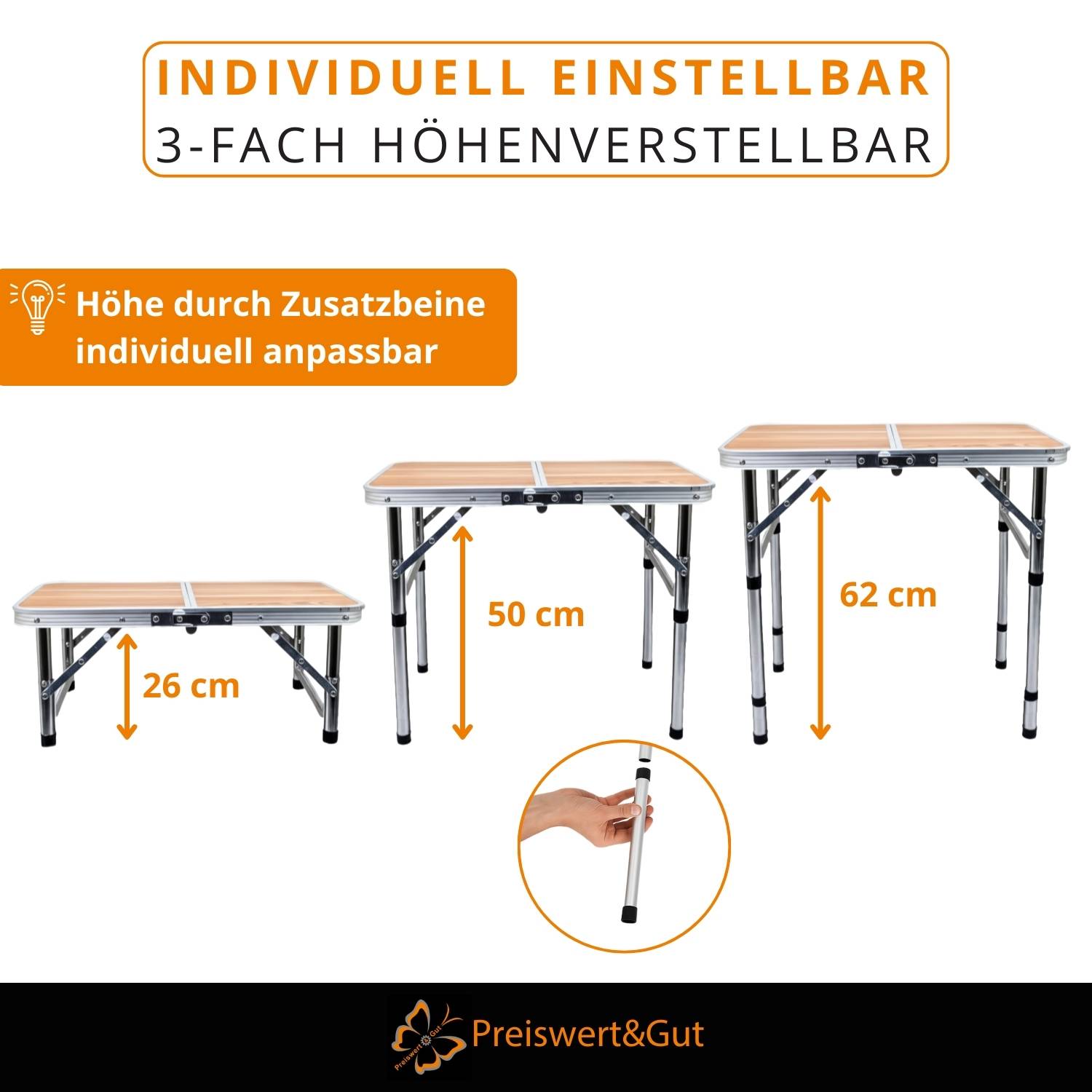 Camping-Tisch klappbar, höhenverstellbar 26/50/62cm Grilltisch klein Balkontisch