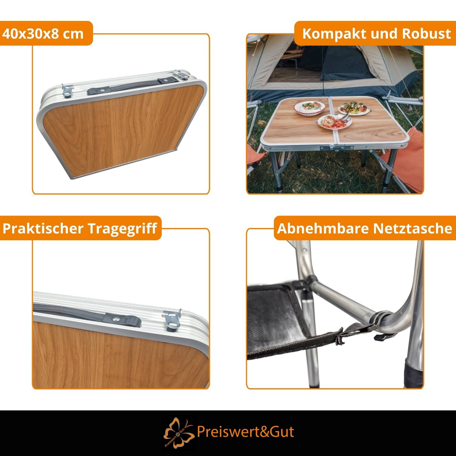 Campingtisch mit kompaktem, robustem Design; Größe 40x30x8 cm. Ausgestattet mit praktischem Tragegriff, herausnehmbarer Netztasche. Das Bild zeigt den Tisch zusammengeklappt und aufgebaut mit Lebensmittelgegenständen.