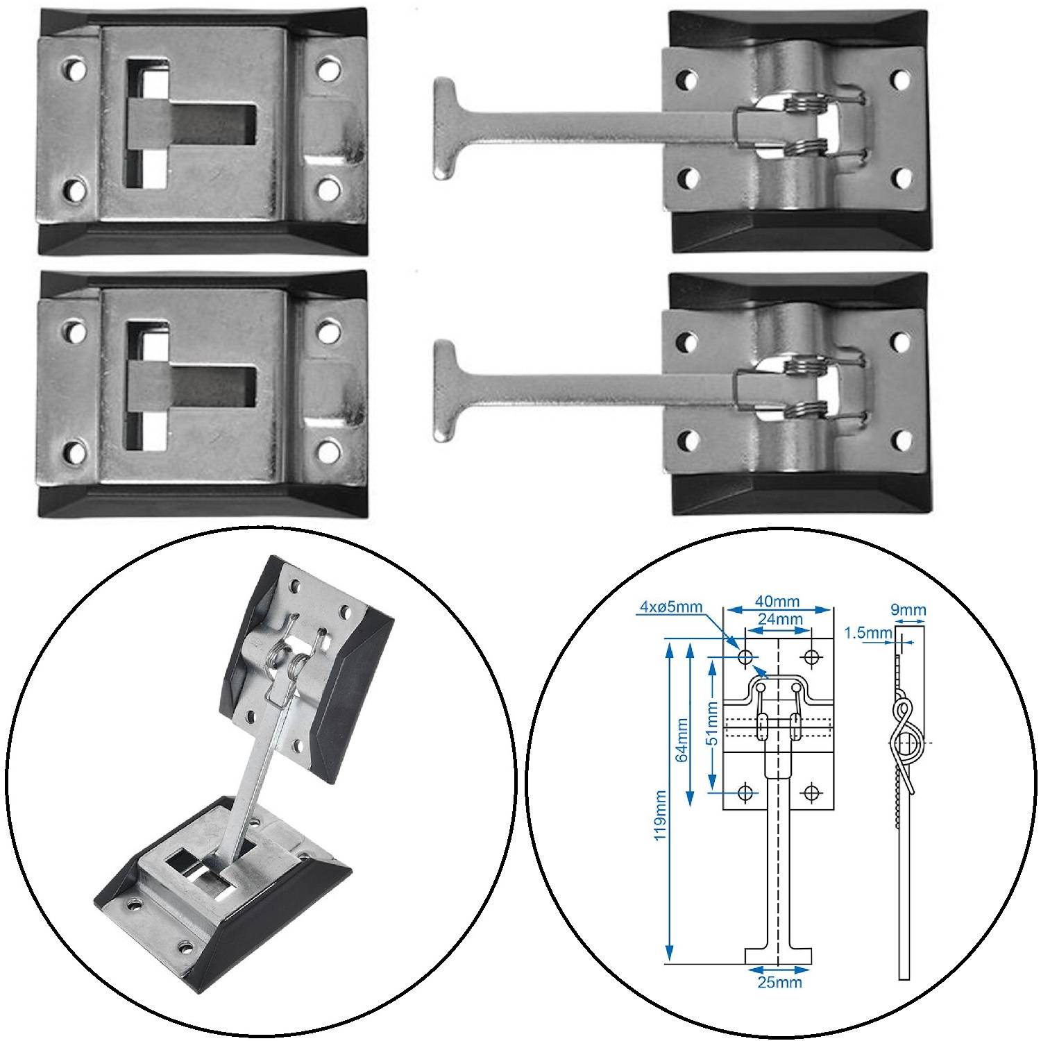 Metallscharniere mit den in einer detaillierten Zeichnung gezeigten Abmessungen. Enthält Vorder- und Seitenansichten, die Messungen und Befestigungsmerkmale hervorheben.