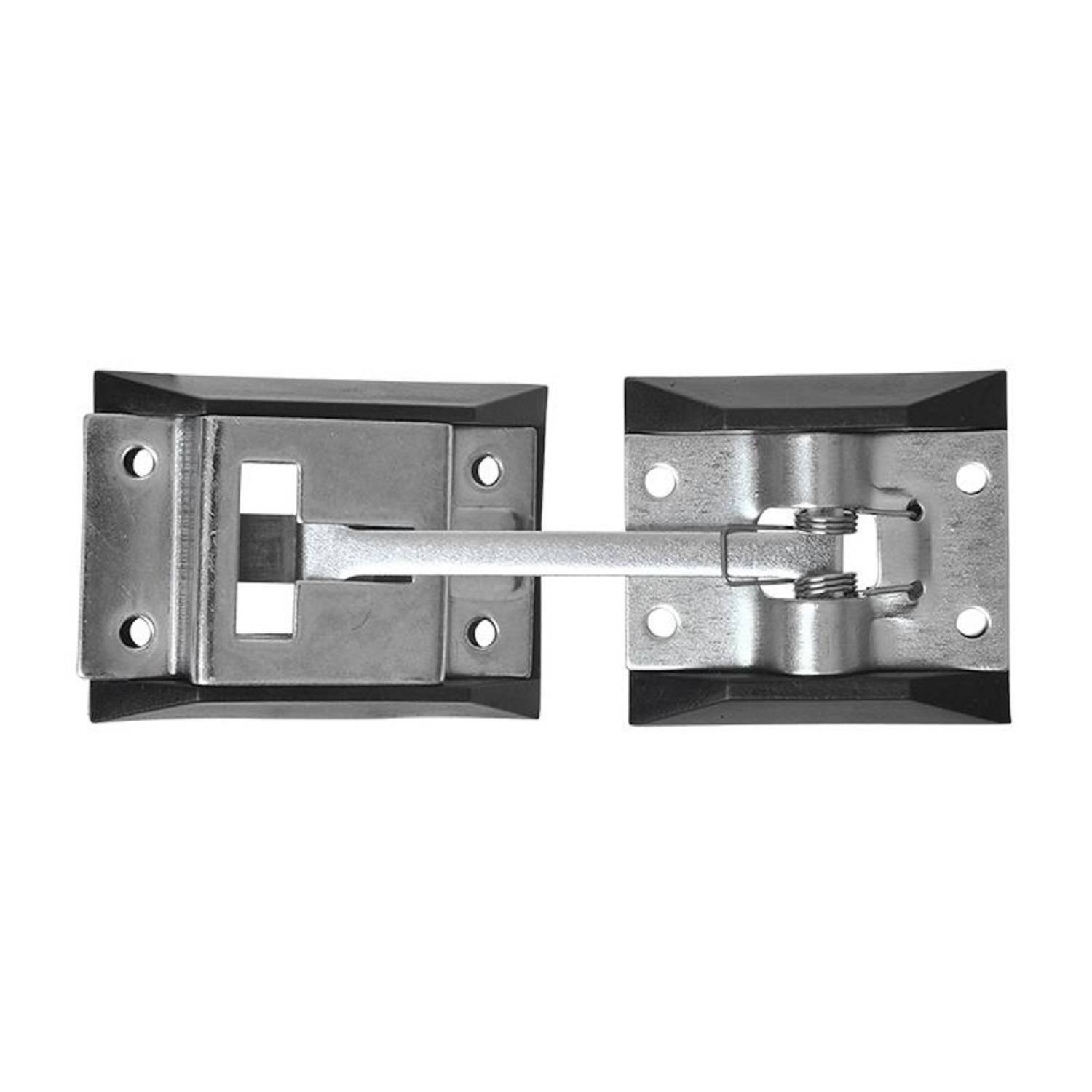 Eine Metallscharnier mit schwarzen Befestigungsplatten an beiden Seiten, die mehrere Schraubenlöcher zur Befestigung aufweist.