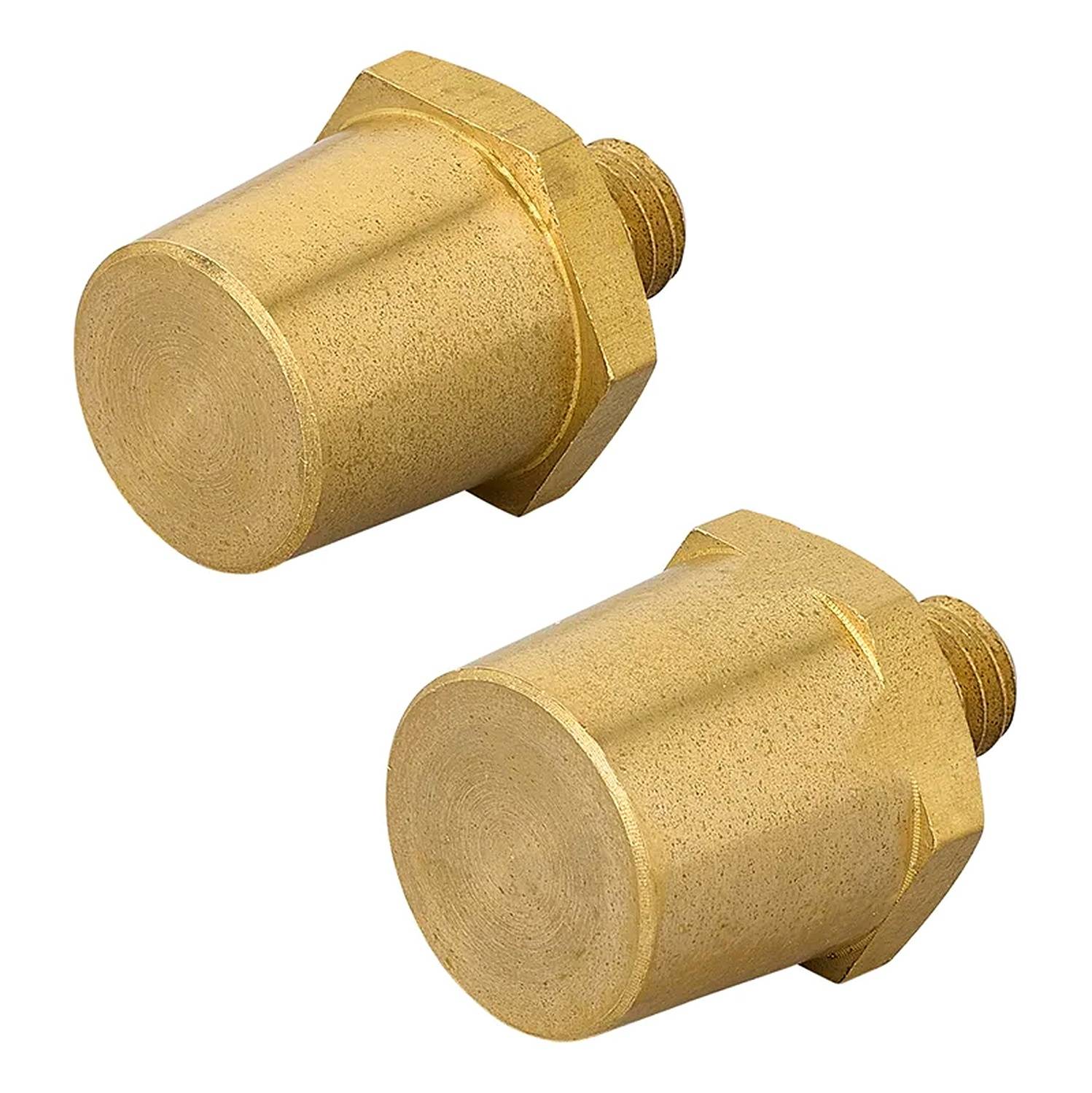 Zwei Messingschrauben-Sechskant-Blindstopfen mit Gewinde, die zum Verschließen von Rohröffnungen verwendet werden.