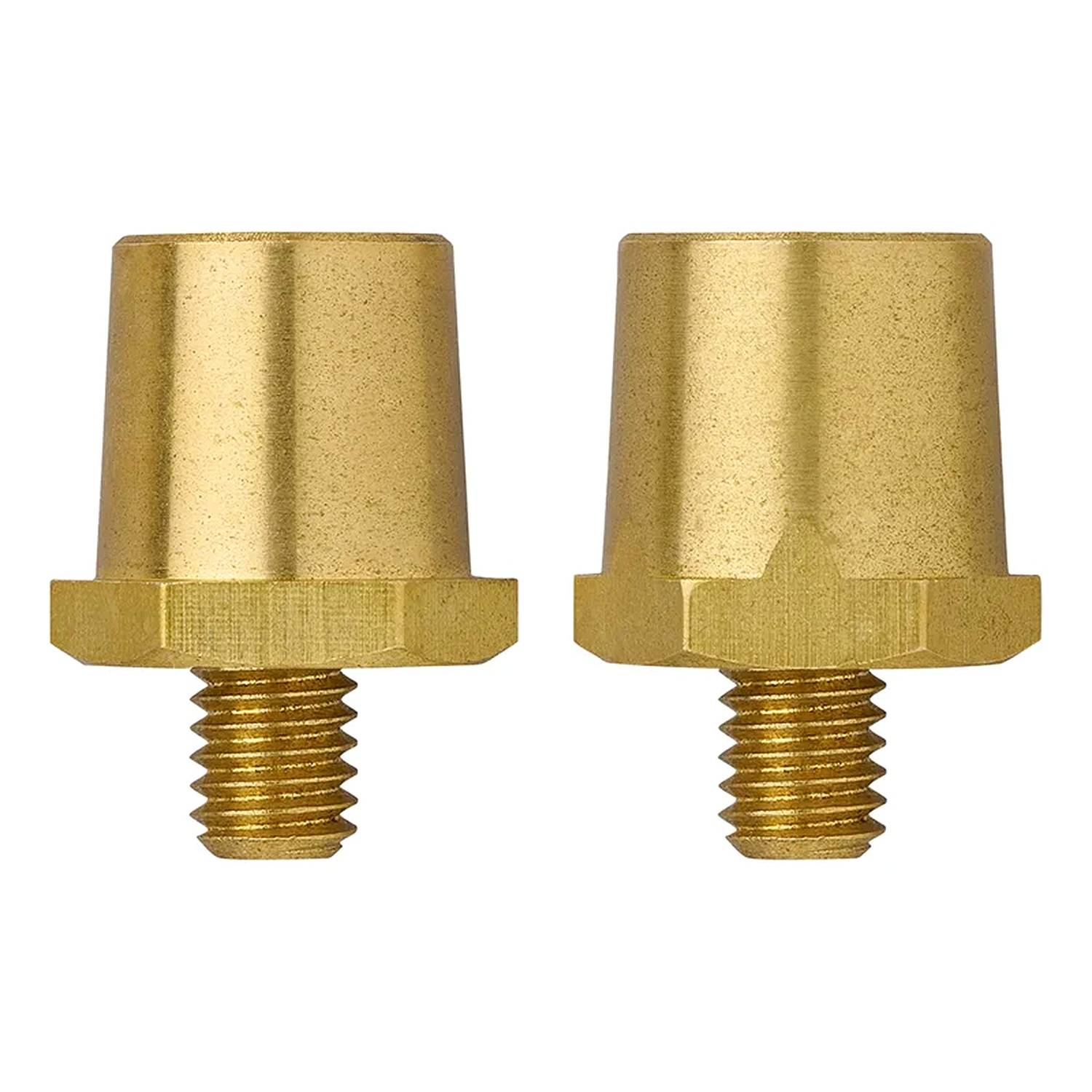 Zwei Messingschalldämpfer-Luftfilter mit sechseckigen Basen und Gewindeanschlüssen, entwickelt für den Einsatz in Luftsystemen zur Lärmreduzierung.