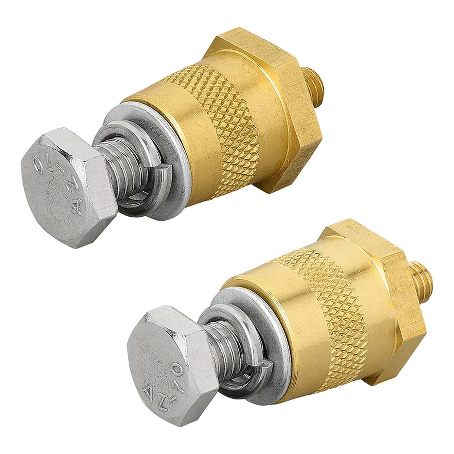 Zwei Klemmen aus Messing und Silber mit sechseckigen Köpfen und Gewindeschrauben, die für elektrische oder mechanische Verbindungen verwendet werden.