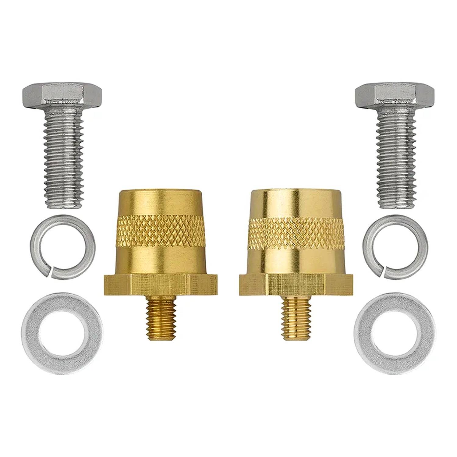 Vier Metallschrauben und Unterlegscheiben, mit zwei Messingadaptern in der Mitte, in zwei Reihen auf einem weißen Hintergrund angeordnet.