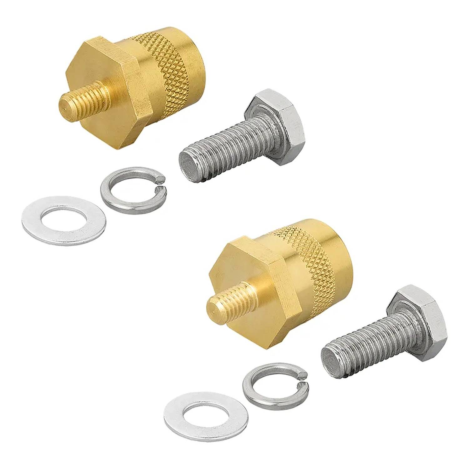 Zwei Messinghosennippel mit Gewindebolzen, Unterlegscheiben und Muttern, auf einem weißen Hintergrund angeordnet. Verwendet zum Verbinden und Befestigen von Schläuchen.