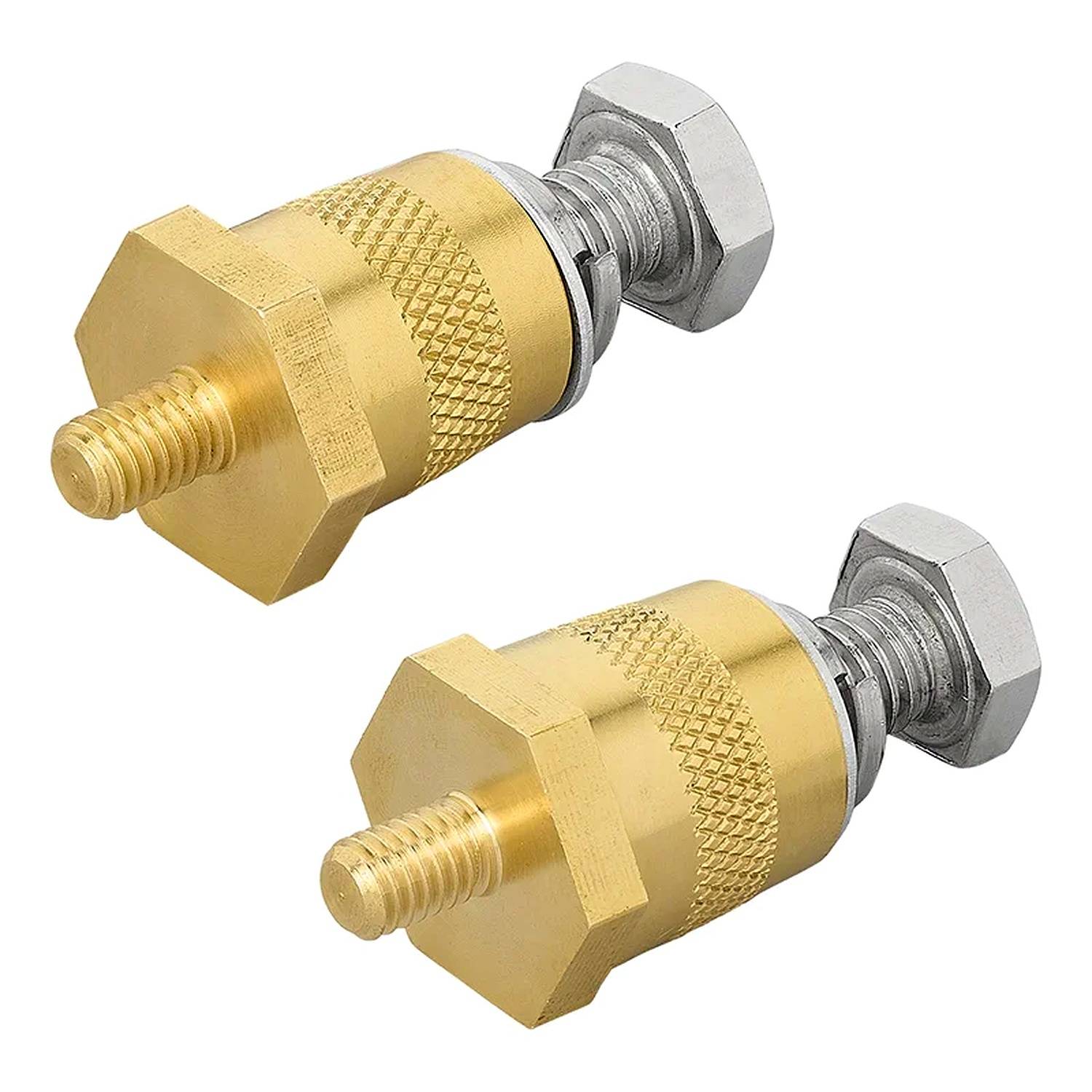 Zwei messingfarbene sechseckige Gewindeanschlüsse, jeweils mit einer gerillten Griffoberfläche und einer angebrachten Mutter, diagonal in das Bild positioniert.