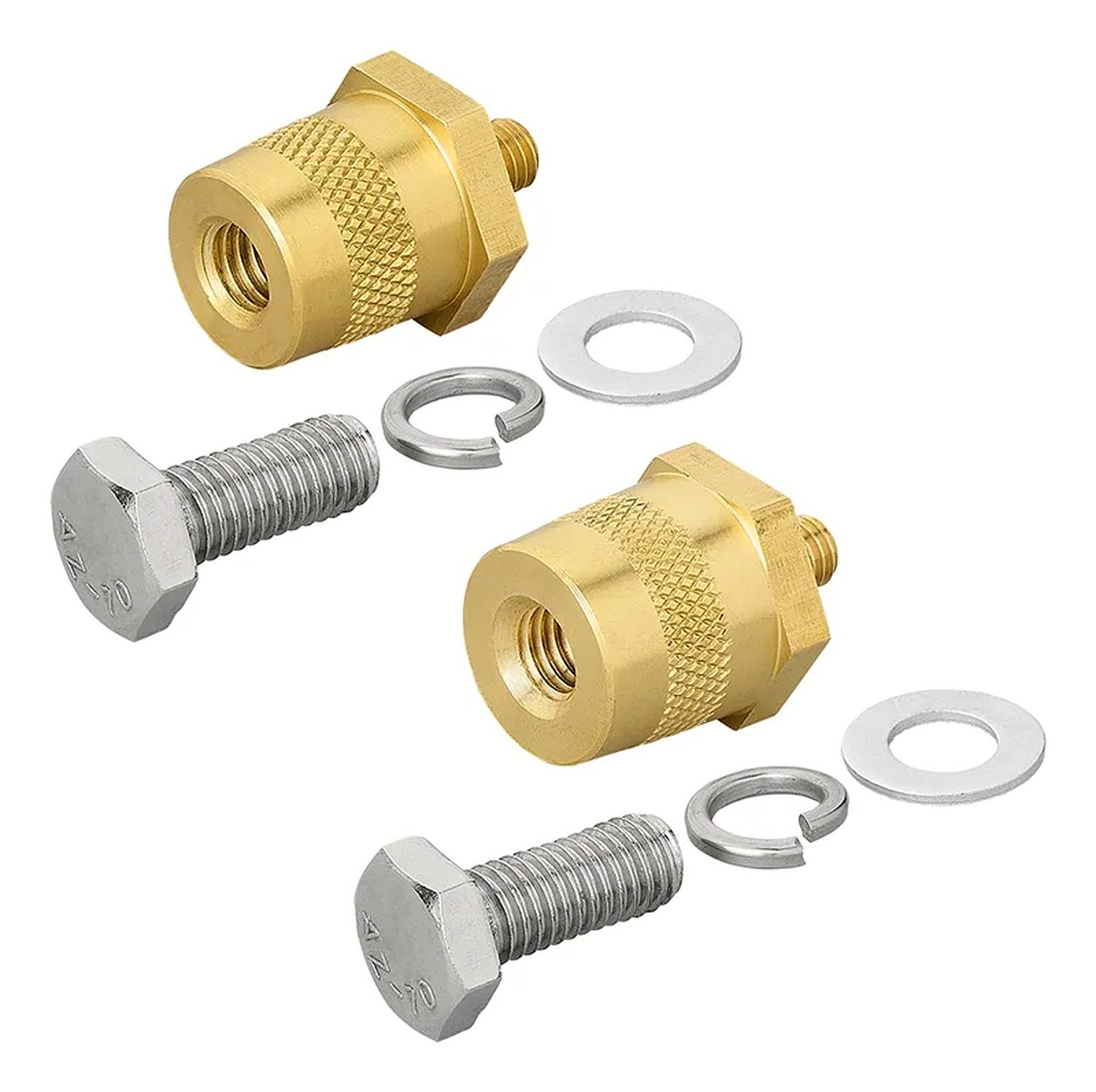 Zwei Messingbeschläge mit Gewindeschrauben, Unterlegscheiben und Muttern, angeordnet mit Unterlegscheiben neben jeder Schraube, die Montagekomponenten veranschaulichend.