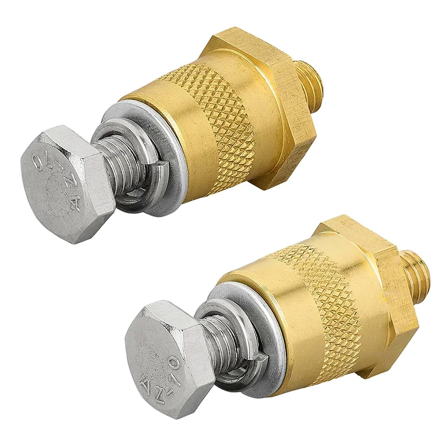 Zwei Messingschraubsicherungshalter mit Sechskantmuttern und Scheiben, diagonal angeordnet, die Gewindeanschlüsse und strukturierte Griffe für elektrische Anwendungen präsentieren.