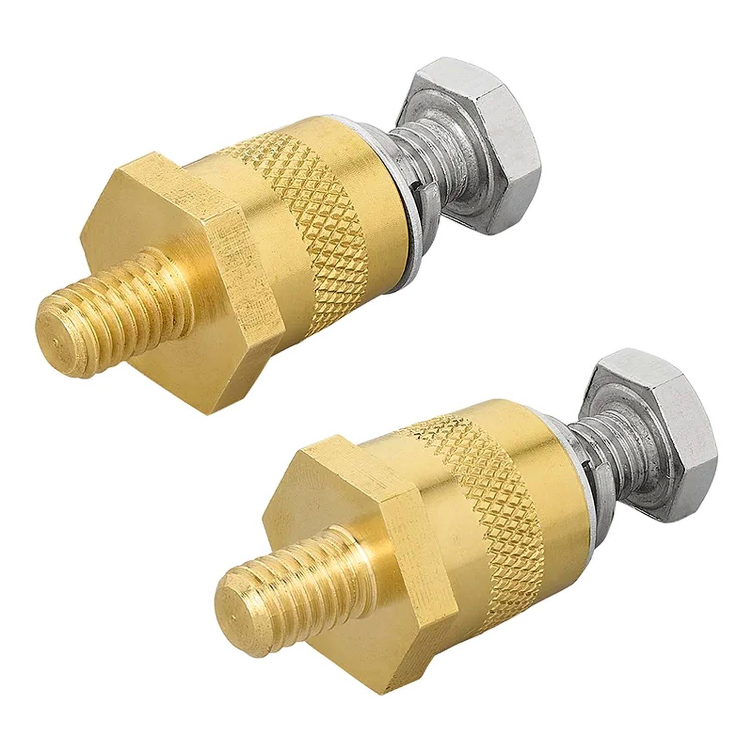 Zwei goldfarbene Gewindeanschlüsse mit sechseckigen Oberseiten und gerändelten Oberflächen, nebeneinander auf einem weißen Hintergrund positioniert.