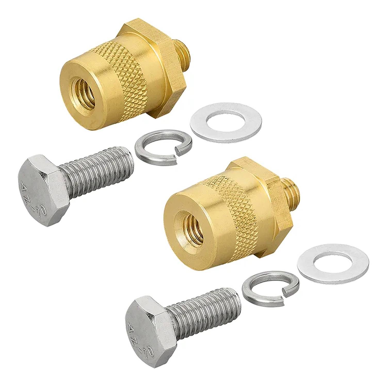 Messingzylinderbefestigungen mit zwei Metallbolzen, Unterlegscheiben und Sicherungsscheiben auf weißem Hintergrund, wahrscheinlich Hardwarekomponenten.