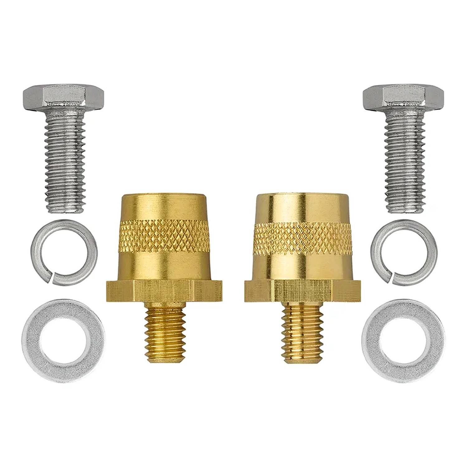 Zwei Messinggewindeeinsätze, zwei Bolzen und vier Unterlegscheiben sind symmetrisch angeordnet. Die Messingeinsätze sind zentrisch zwischen den Bolzen positioniert.