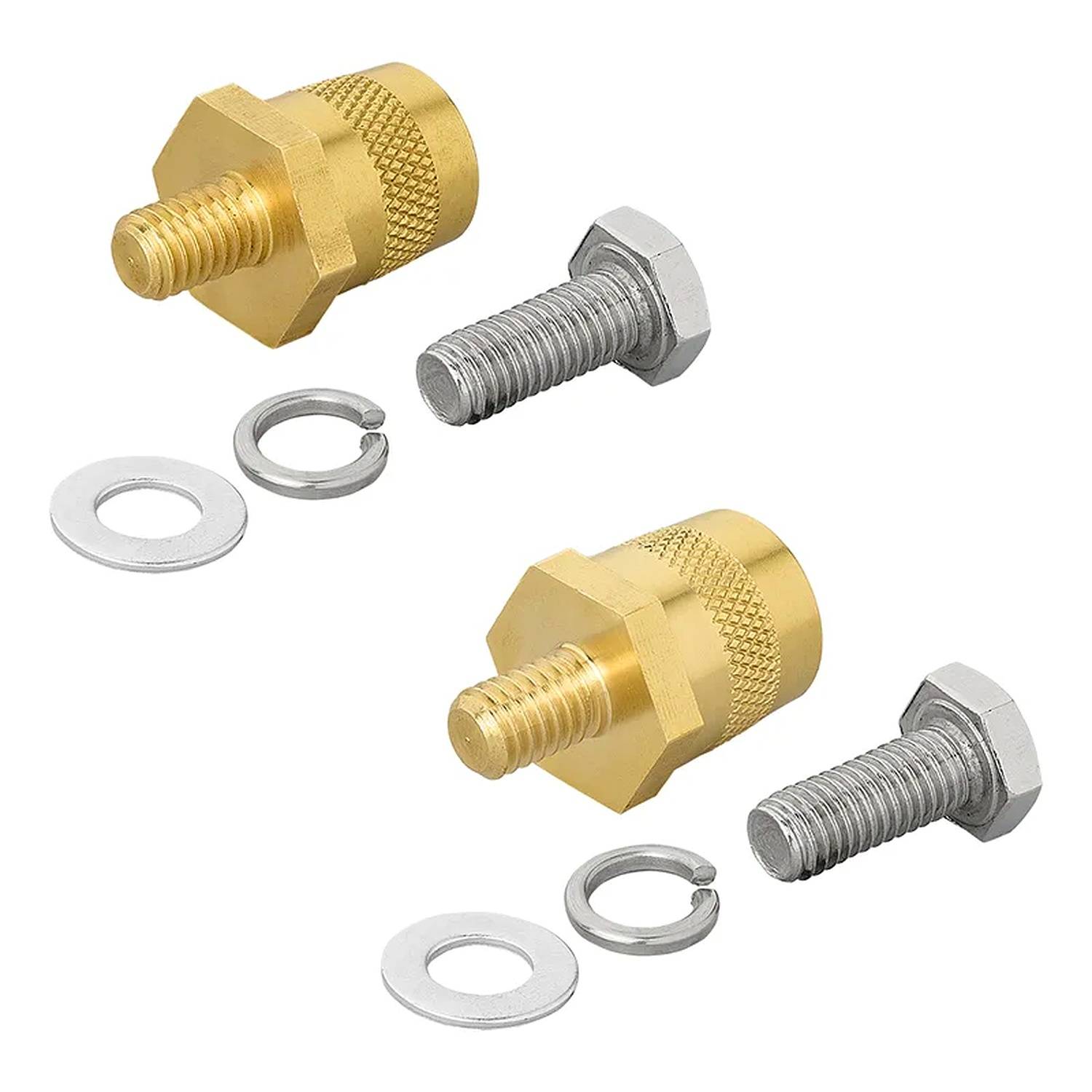 Zwei Messing-Luftkupplungen mit Sechskantmuttern, Schrauben und Unterlegscheiben auf einem weißen Hintergrund.