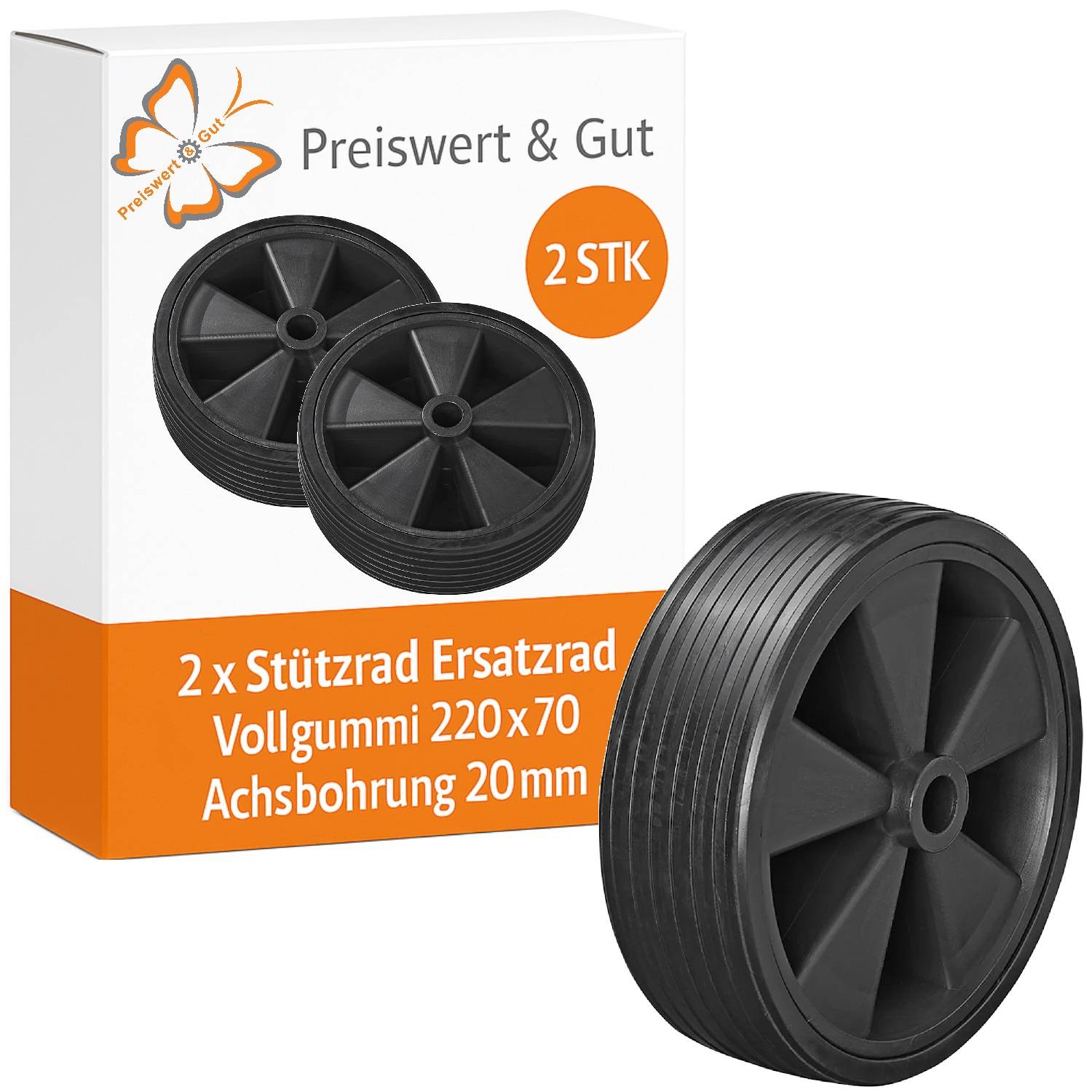 Preiswert & Gut' Karton mit zwei schwarzen Ersatzrädern, beschriftet '2 STK', 'Vollgummi 220 x 70', 'Achsbohrung 20mm'.
