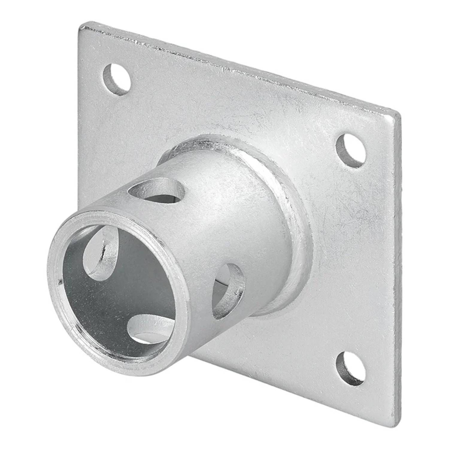 „Ein Foto einer Metallbasisplatte mit einem zylindrischen Aufsatz und vier Befestigungslöchern.