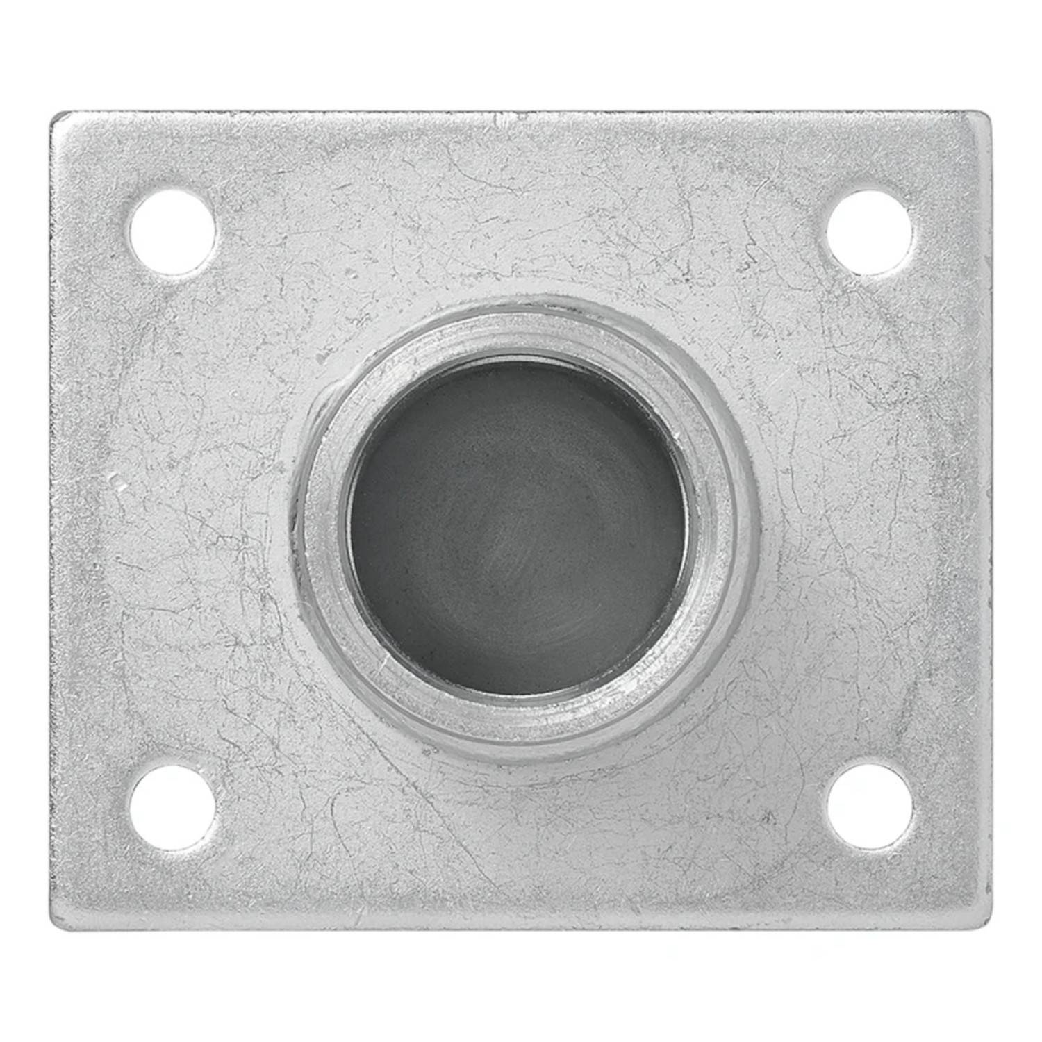 Quadratische Metallflansch mit einem zentralen kreisrunden Loch und vier Befestigungslöchern an den Ecken, verwendet zum Anbringen von Stangen oder Stäben.