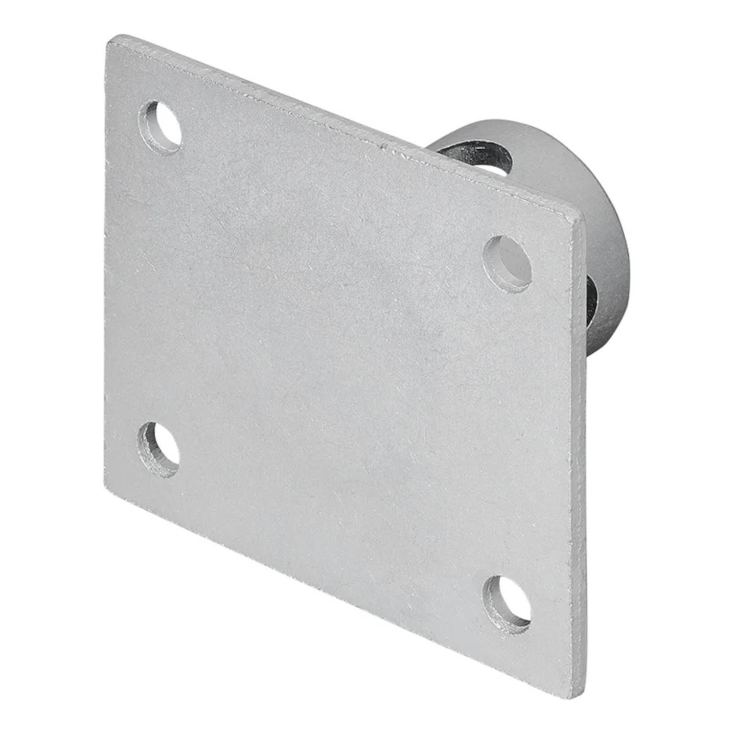 Eine quadratische Metallbefestigungsplatte mit vier Ecklöchern für Schrauben, befestigt an einer zylindrischen Halterung.