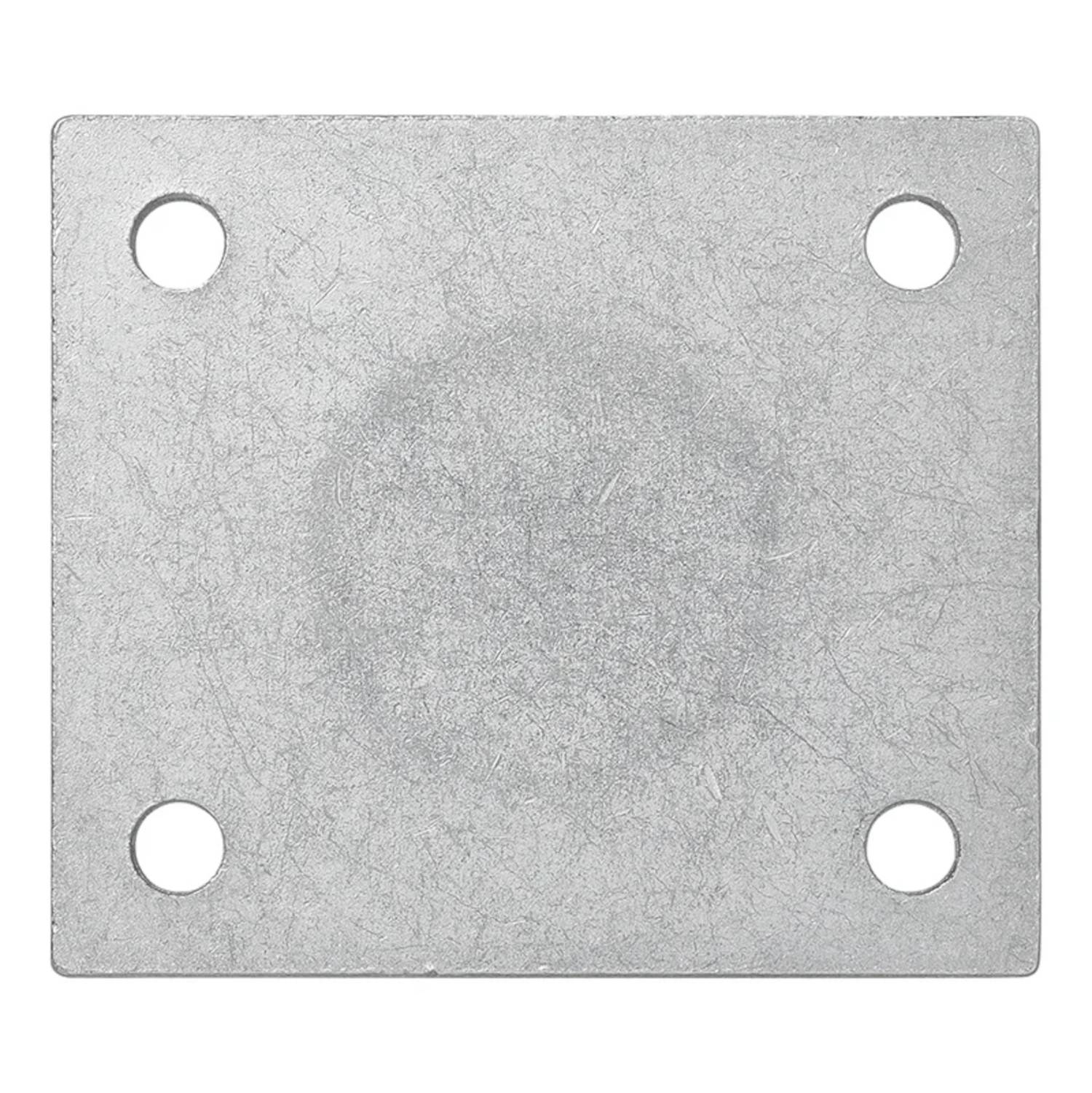 Eine quadratische Metallplatte mit vier runden Löchern an den Ecken. Die Oberfläche wirkt leicht strukturiert und verwittert.