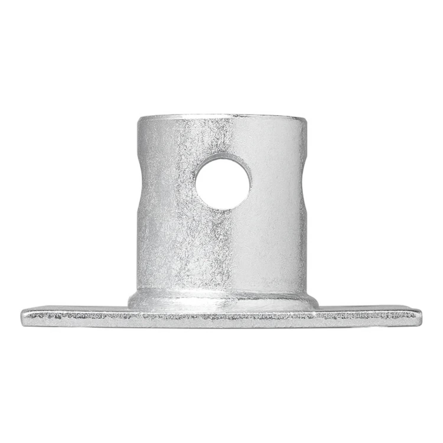 Eine silberne Rohrklemme mit einem zentralen Loch sitzt auf einer rechteckigen Basis und wird üblicherweise zum Befestigen oder Sichern von Rohren an Oberflächen verwendet.