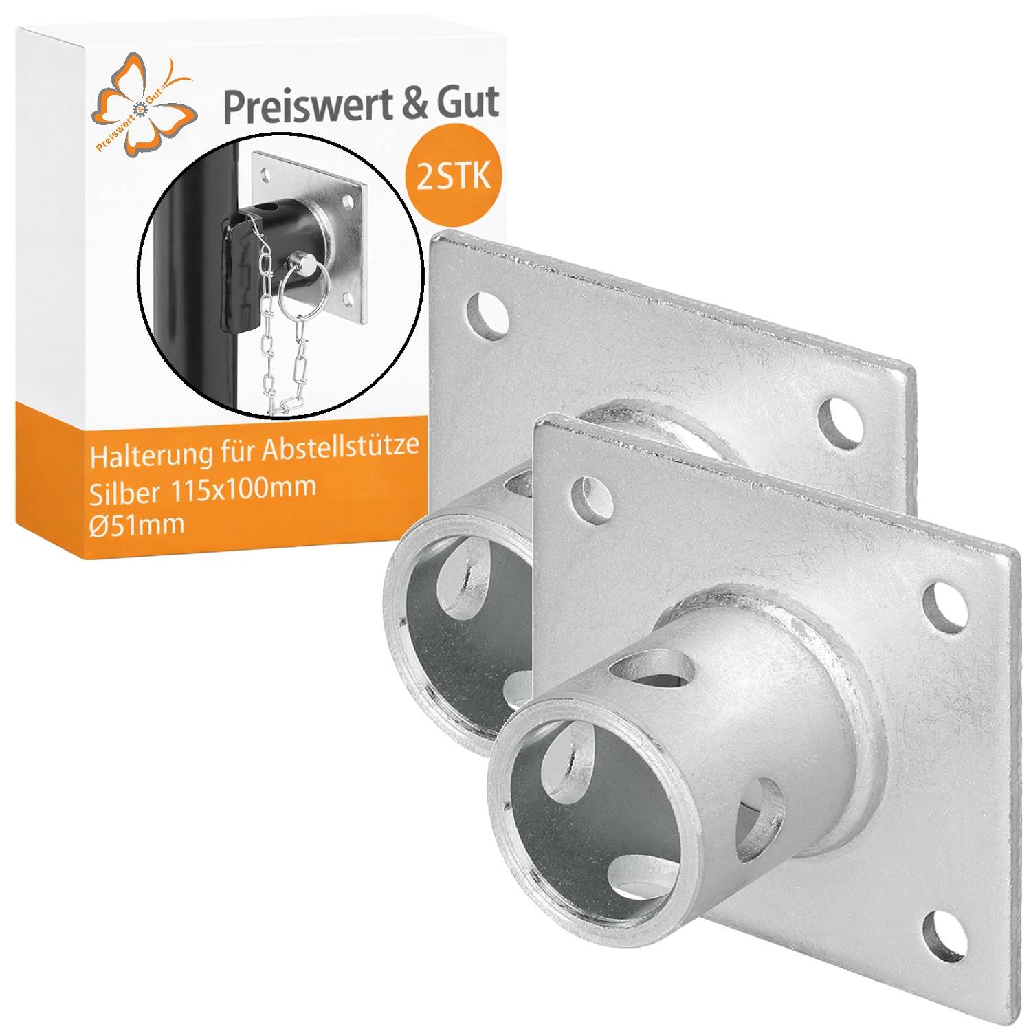 Zwei silberne Befestigungswinkel für Stützfüße werden gezeigt. Die Verpackung trägt den Text „Preiswert & Gut, 2 STK