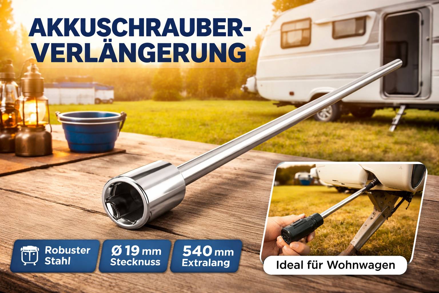 Ein metallisches Schraubenschlüssel-Verlängerungswerkzeug auf Gras mit einem Wohnwagen und Bäumen im Hintergrund. Einschub zeigt das Werkzeug in Gebrauch. Text hebt Merkmale hervor.
