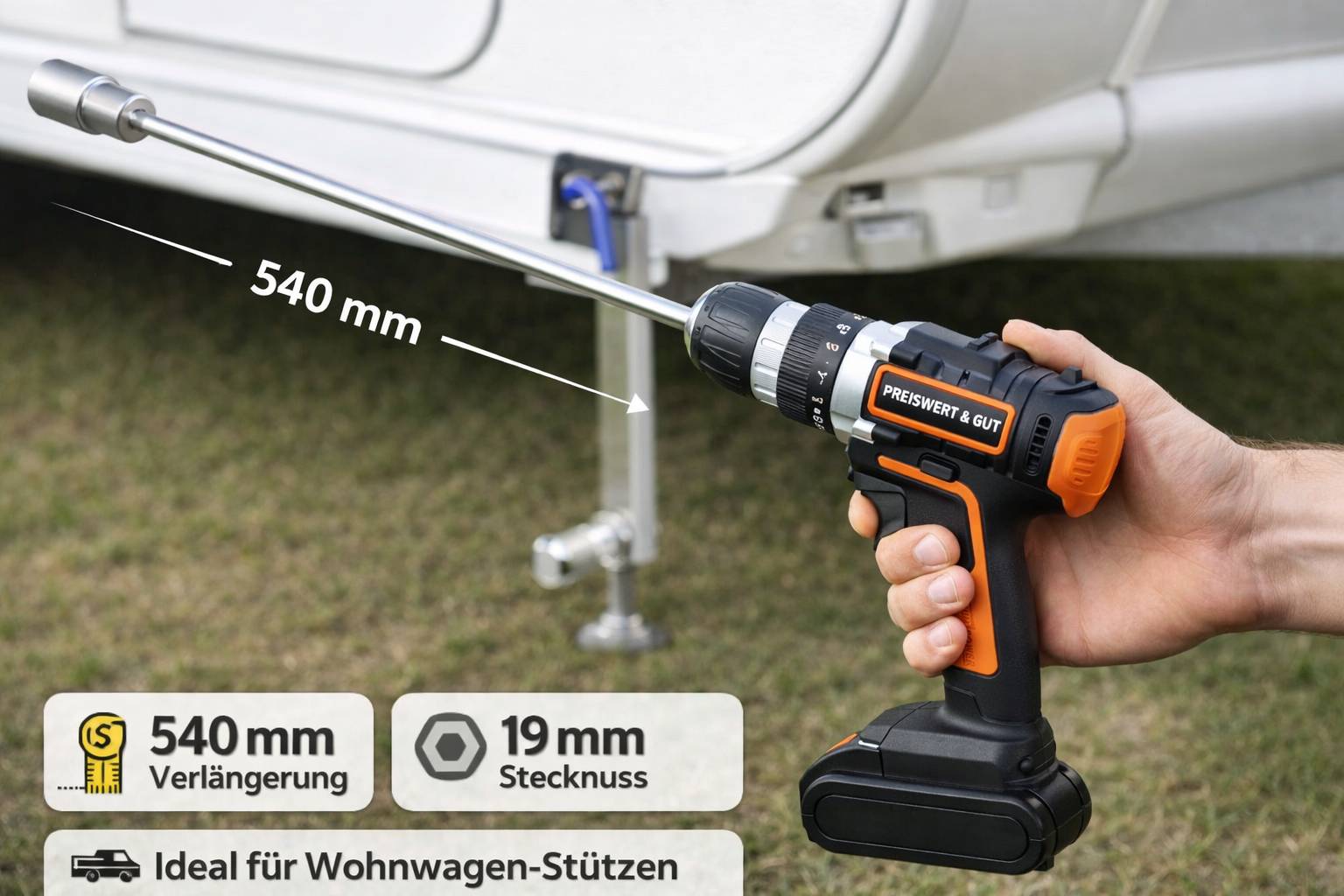 Person mit einer Bohrmaschine, die ein 540 mm langes Objekt an einer Anhängerkupplung justiert. Eine Grafik hebt '19mm Stecknuss' und '10mm Muttern' hervor.