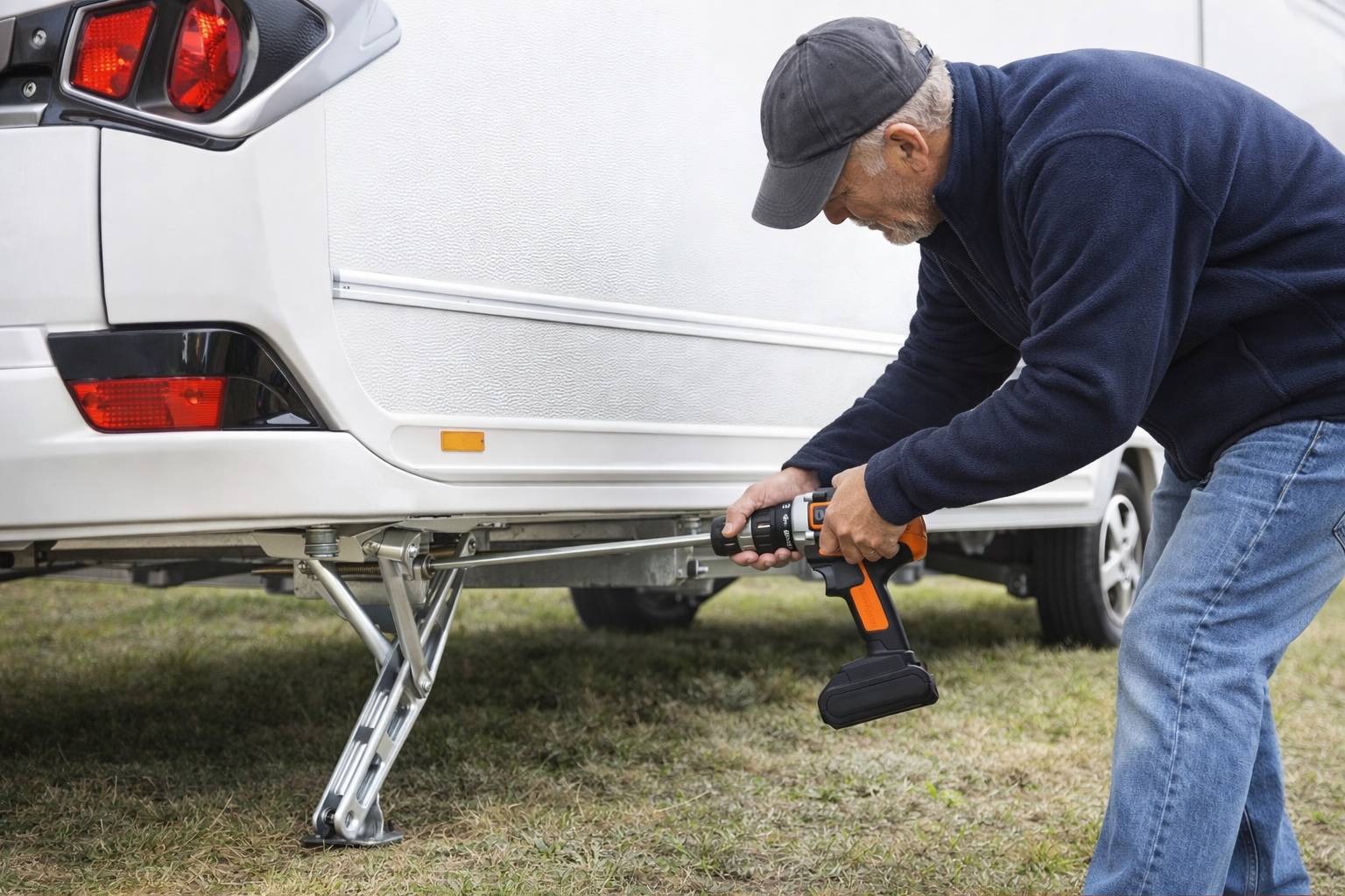 Eine Person mit Mütze benutzt eine elektrische Bohrmaschine, um Stützstützen an einem weißen Fahrzeug zu justieren, das auf Gras geparkt ist, was auf Wartungs- oder Aufbauarbeiten hindeutet.