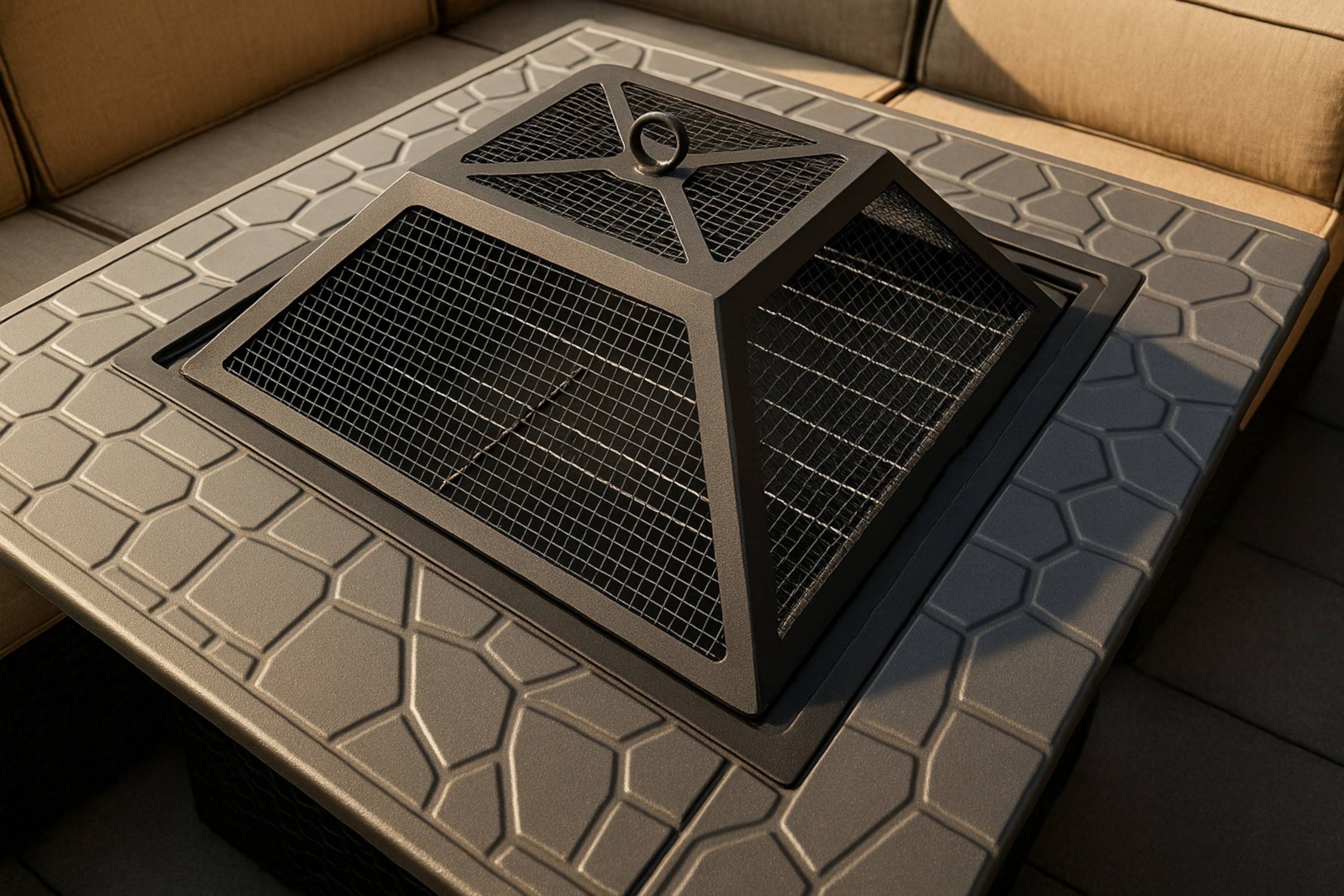 Eine quadratische, pyramidenförmige Feuerstelle, die mit einem Metallgitter abgedeckt ist, steht auf einer Terrasse mit gepolsterten Sitzmöbeln, die sie umgeben.