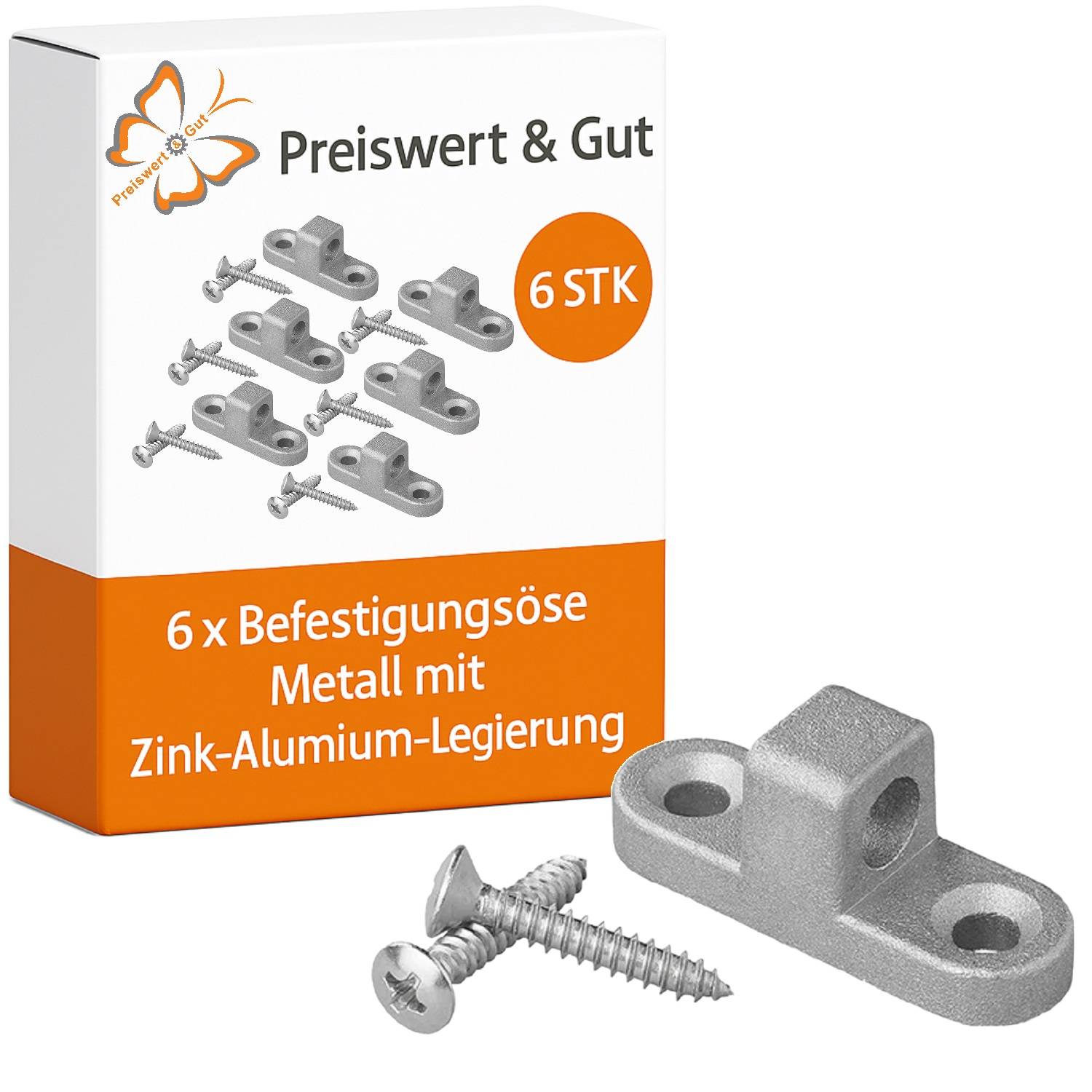 Preiswert & Gut' Paket mit 6 Metallbefestigungsklammern und Schrauben, gekennzeichnet als '6 STK' und 'Zink-Aluminium-Legierung'.