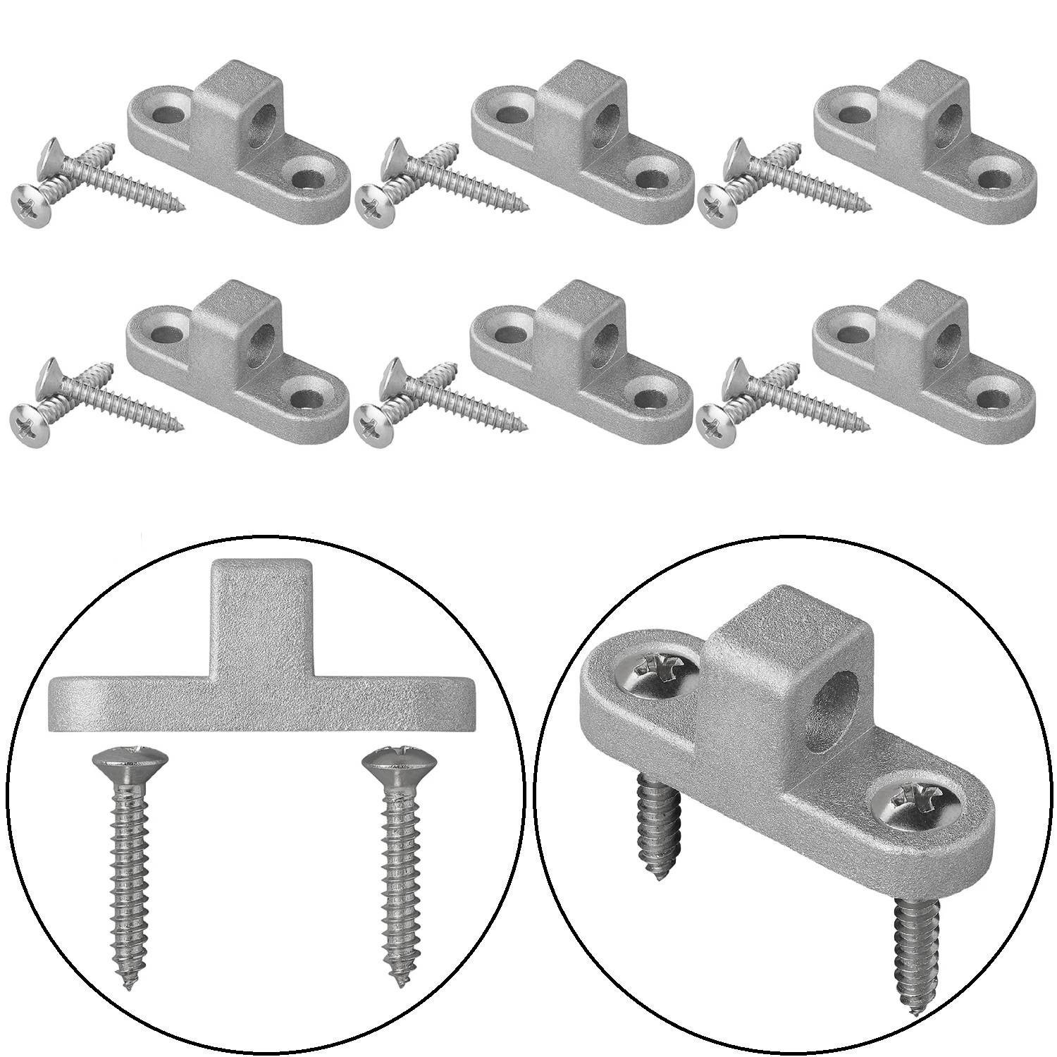 Metalleckbeschläge mit Schrauben, aus verschiedenen Blickwinkeln dargestellt. Geeignet für Möbelmontage oder Heimwerker-Projekte.