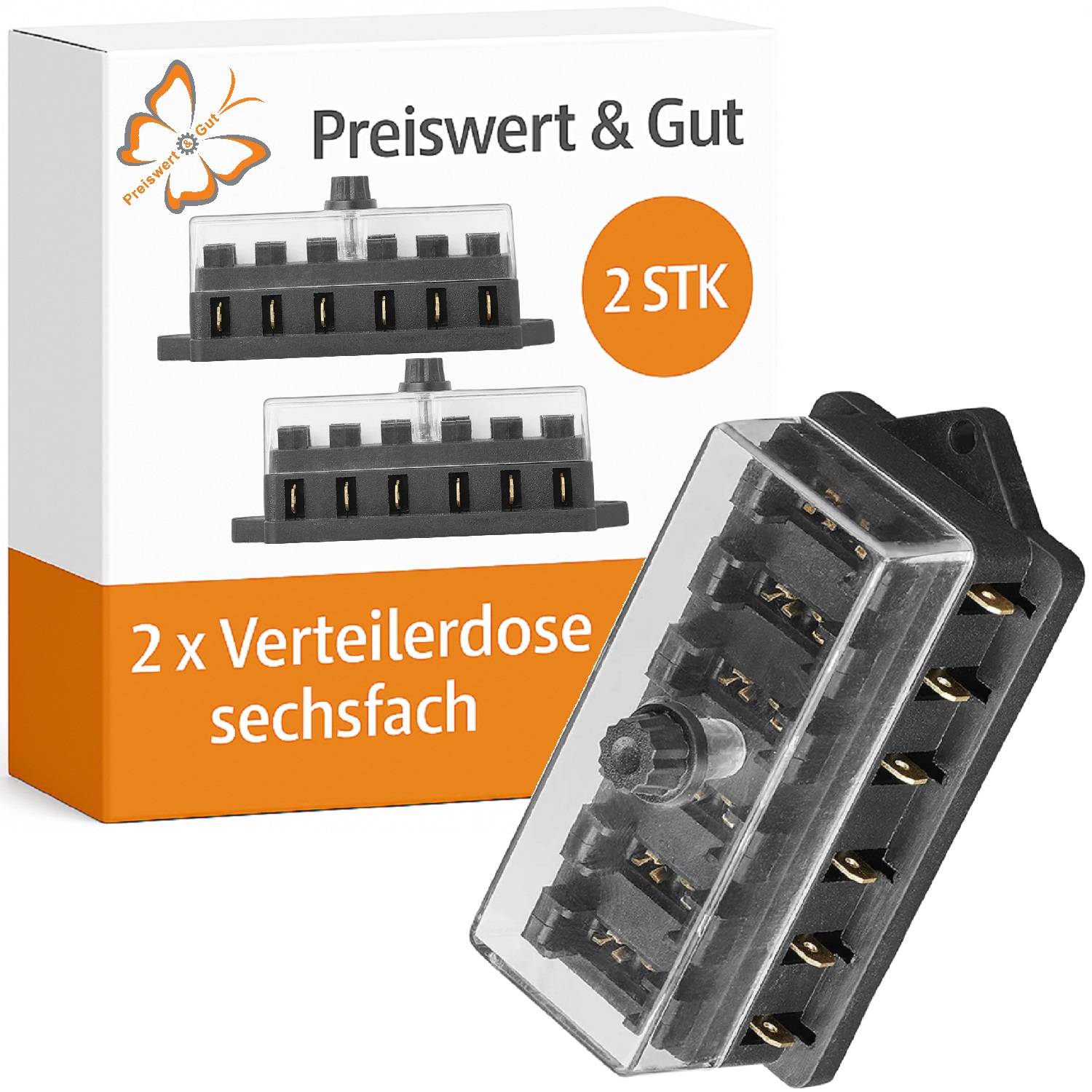 Box mit einem sechsfachen elektrischen Verteiler mit transparenter Abdeckung, beschriftet mit 'Preiswert & Gut', enthält zwei Stück pro Verpackung.