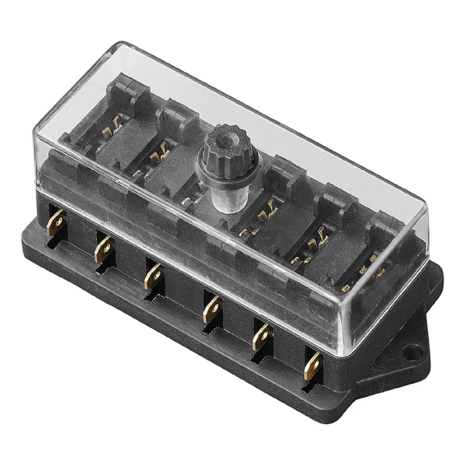 Eine rechteckige schwarze Sicherungsbox mit transparentem Deckel, die mehrere Sicherungen beherbergt und wahrscheinlich für elektrische Anschlüsse oder automotive Anwendungen verwendet wird.