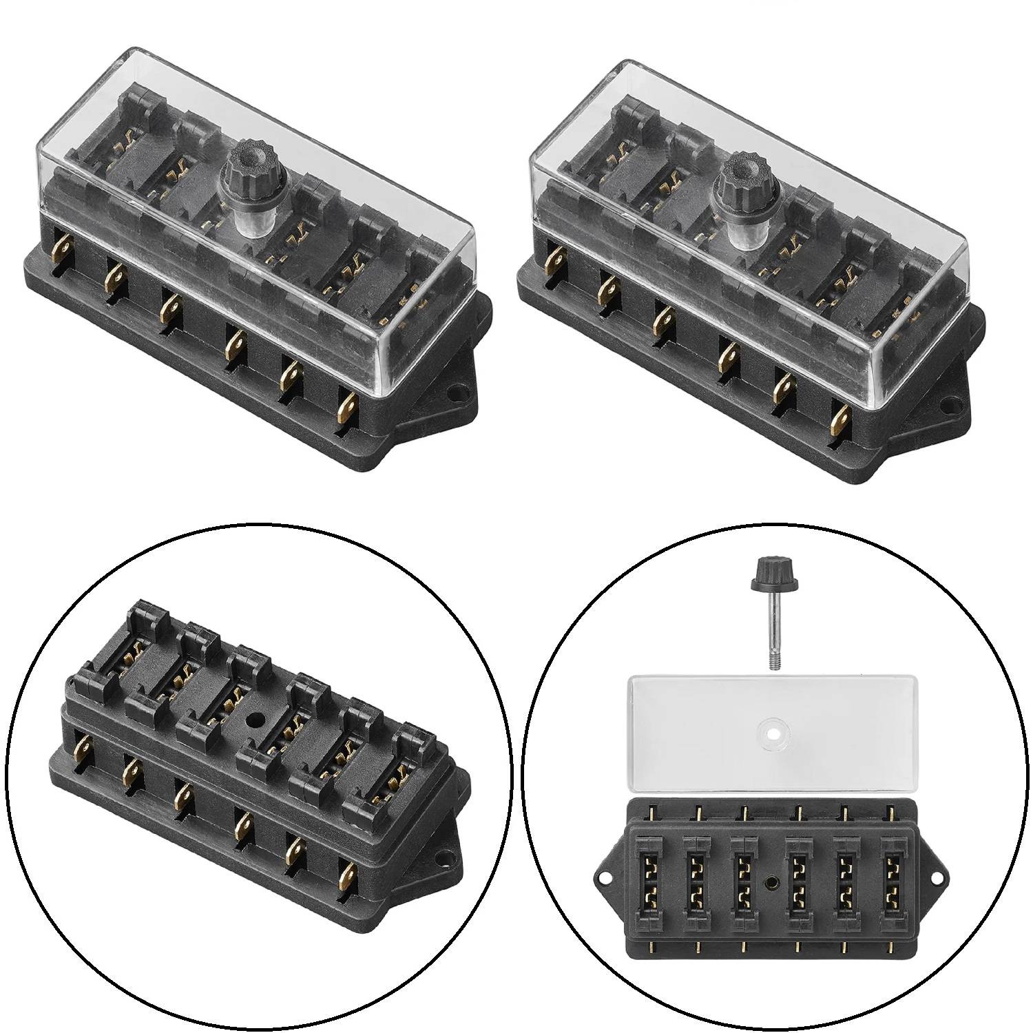 Mehrfach-Sicherungsblock mit transparenter Abdeckung; enthält fünf Sicherungen und sichere Schraubenbefestigung, dargestellt in verschiedenen Ansichten und Explosionszeichnung.