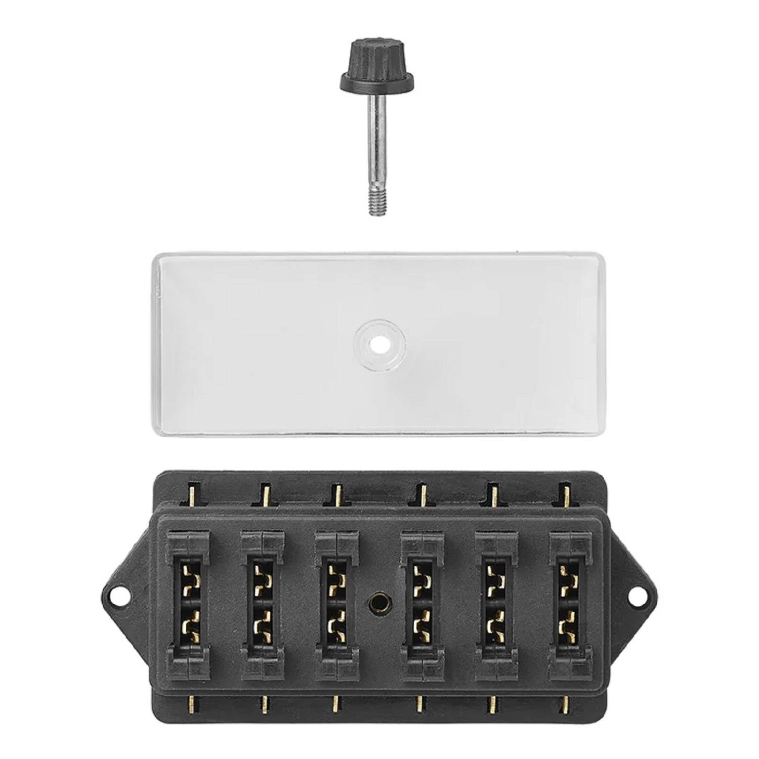 Ein transparenter Schutzdeckel, ein sechsfach-Sicherungsblock und eine vertikal angeordnete Befestigungsschraube; verwendet zur Organisation von elektrischen Sicherungen.