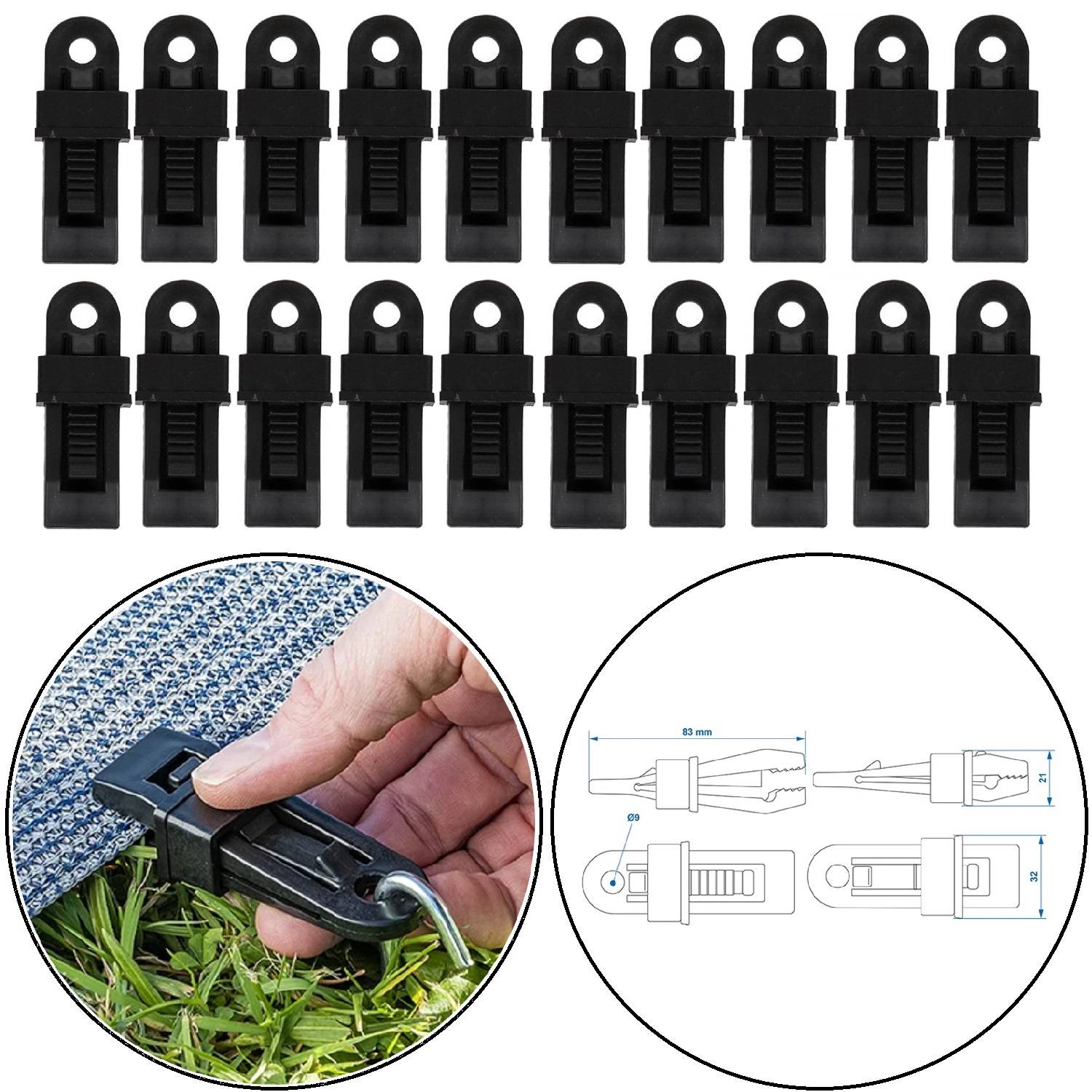 Zwei Reihen schwarzer Plane-Clips. Einschub zeigt eine Hand, die einen Clip verwendet, um Stoff zu befestigen. Diagramm veranschaulicht die Maße und Komponenten des Clips.